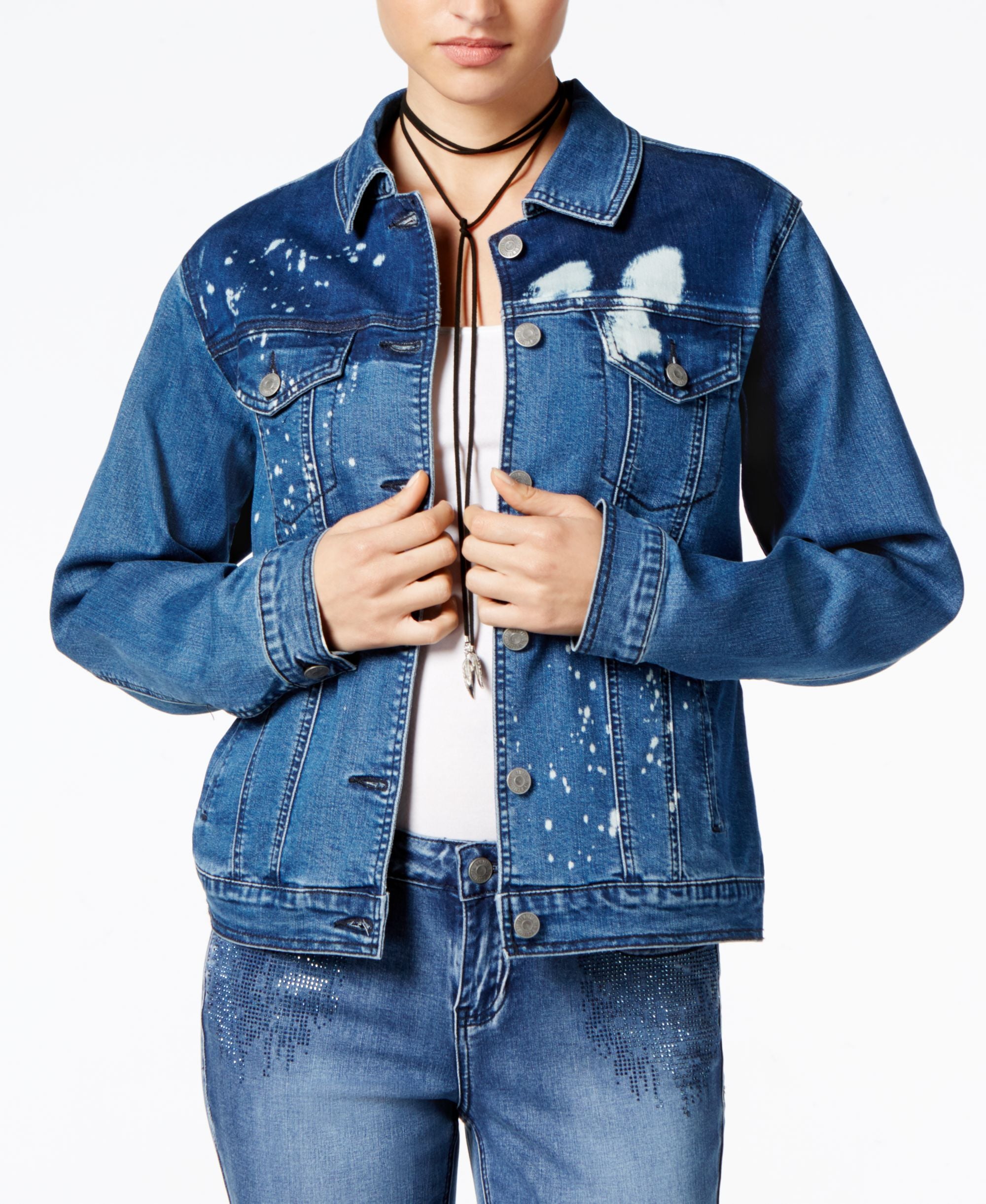 Juniors' Splatter-Printed Denim Jacket