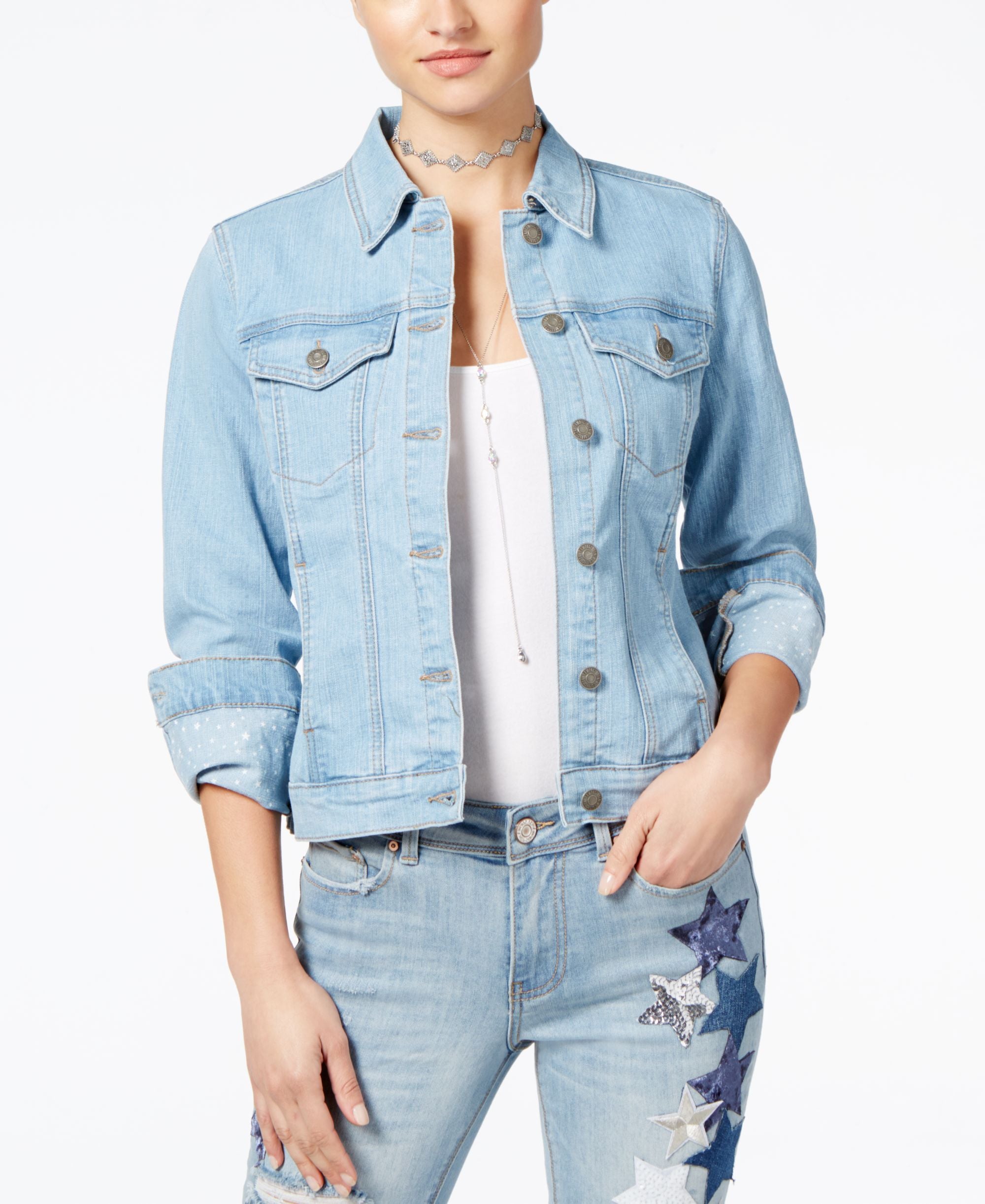 Rampage Juniors Star Embellished Denim Jacket