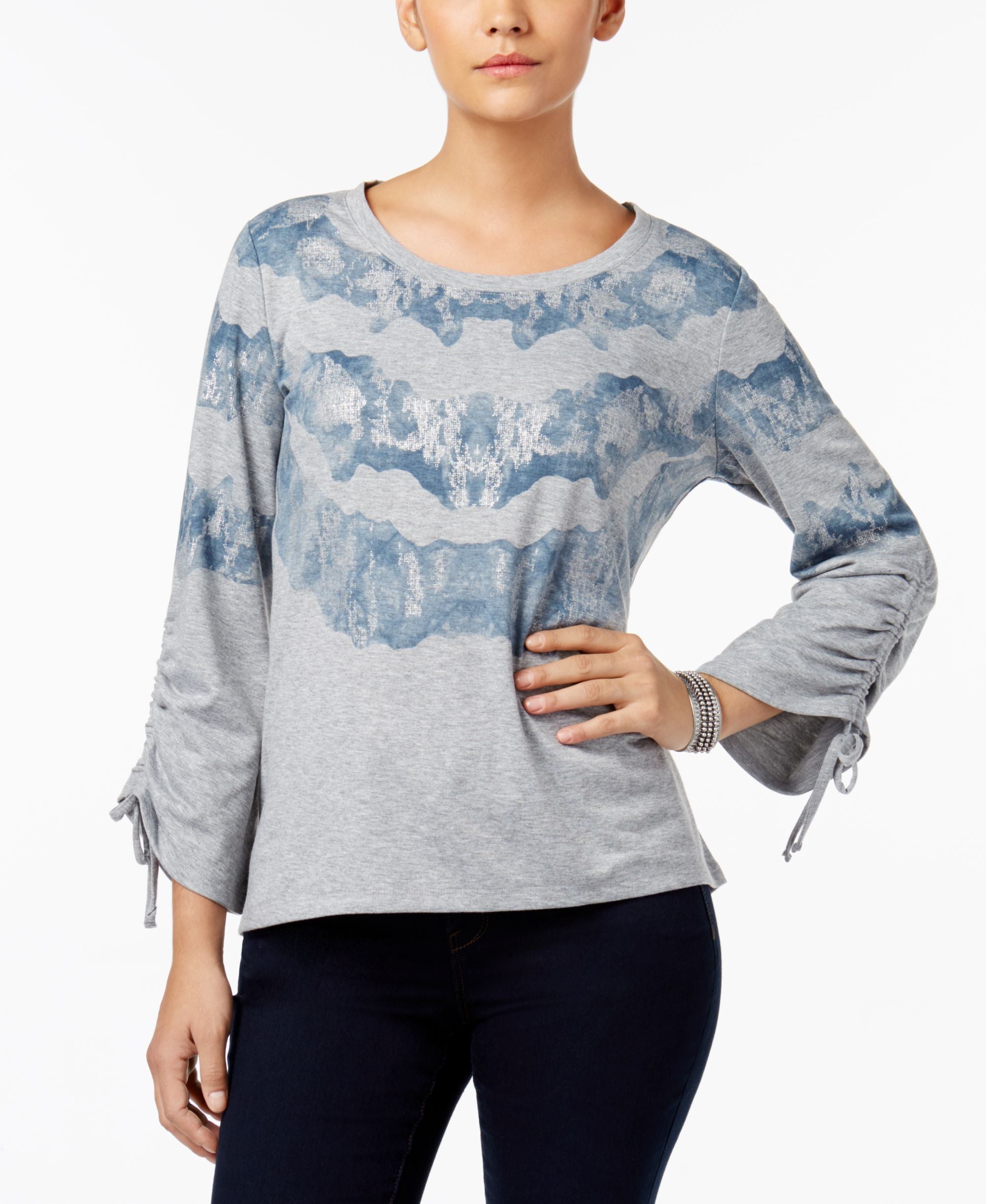 Style & Co Drawstring Sleeve Printed Top