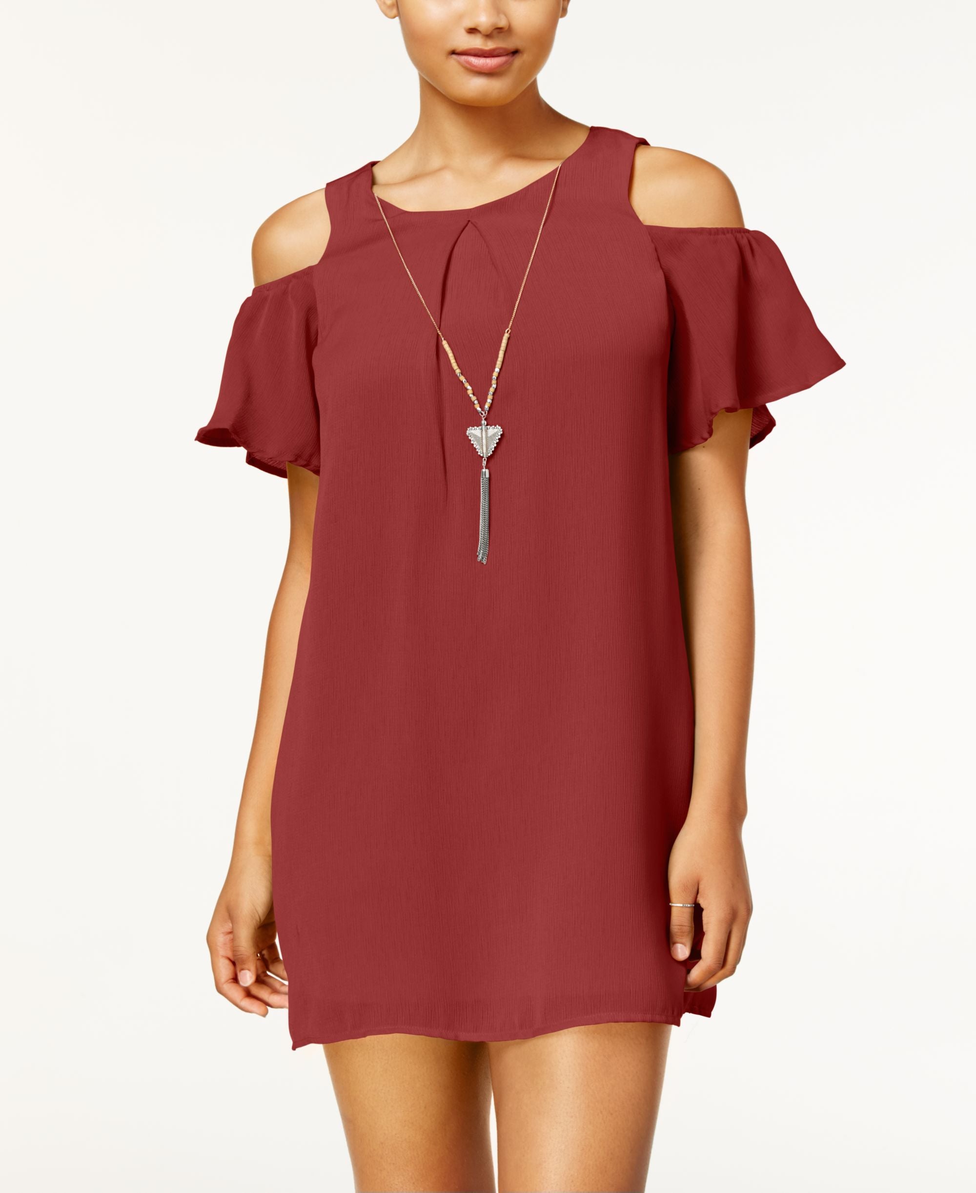 As U Wish Juniors Cold Shoulder Necklace Shift Dress
