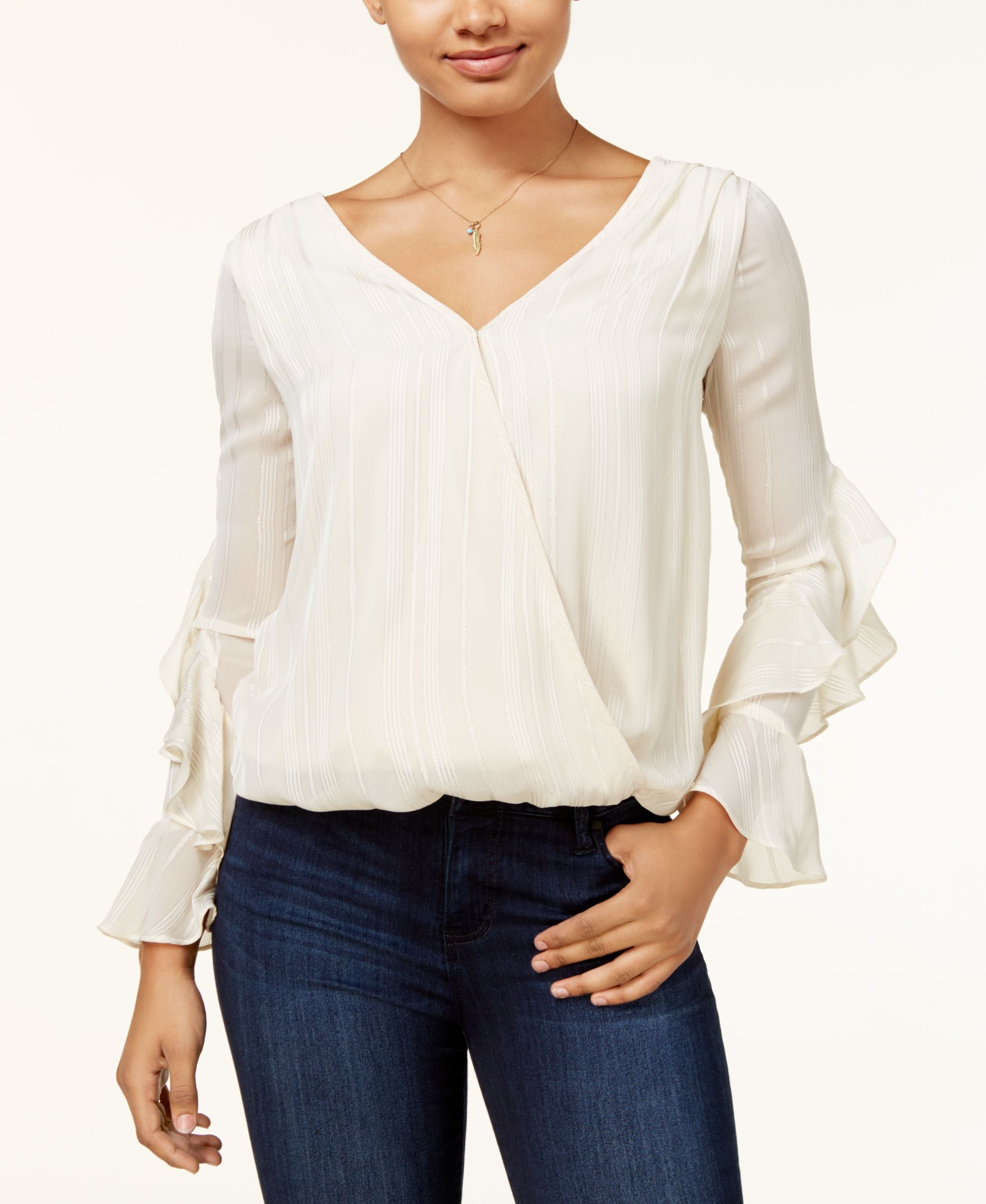 Bcx Juniors Metallic Striped Ruffled Surplice Top