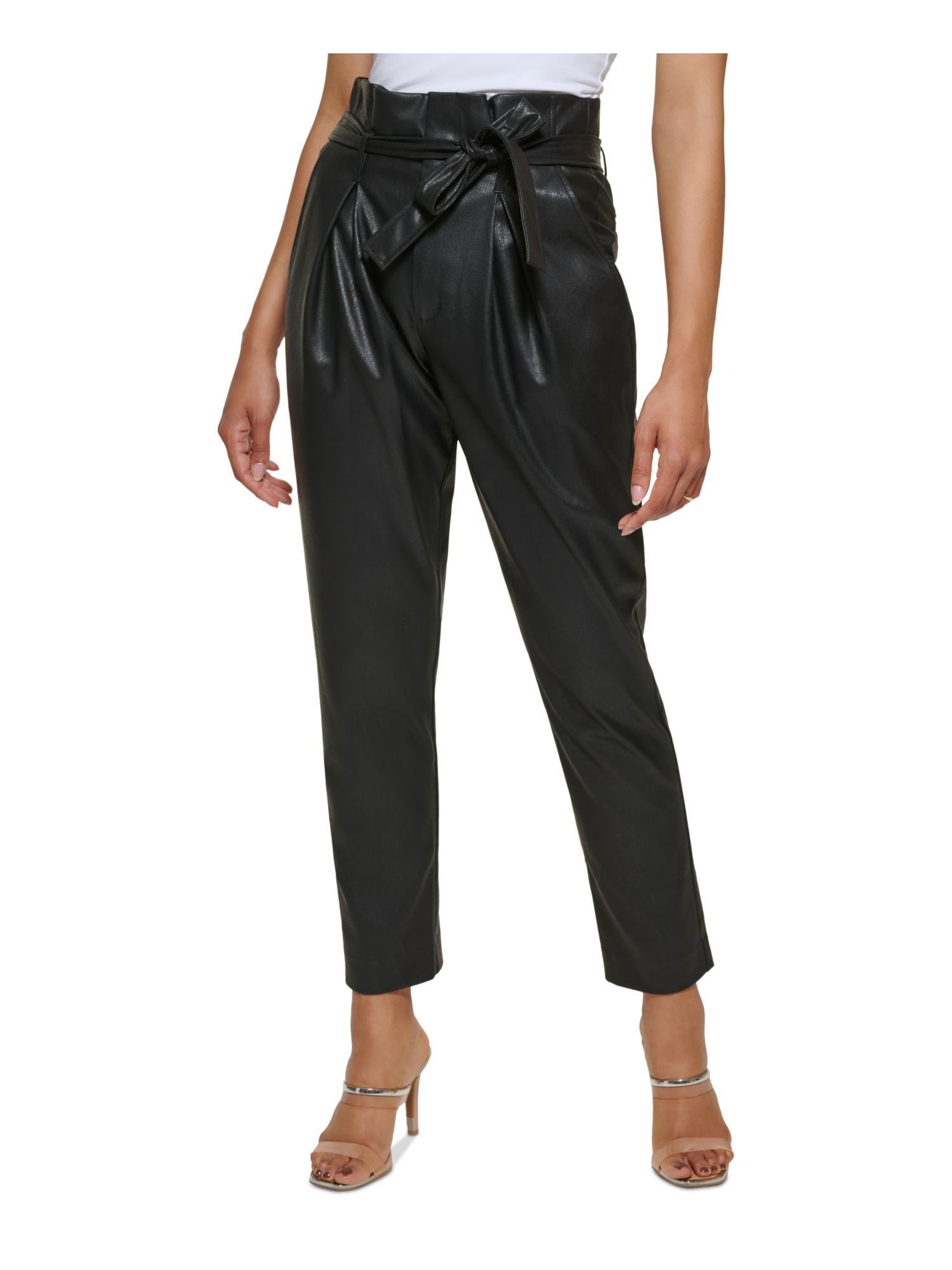 Faux Leather High Rise Tie Waist Ankle Pants