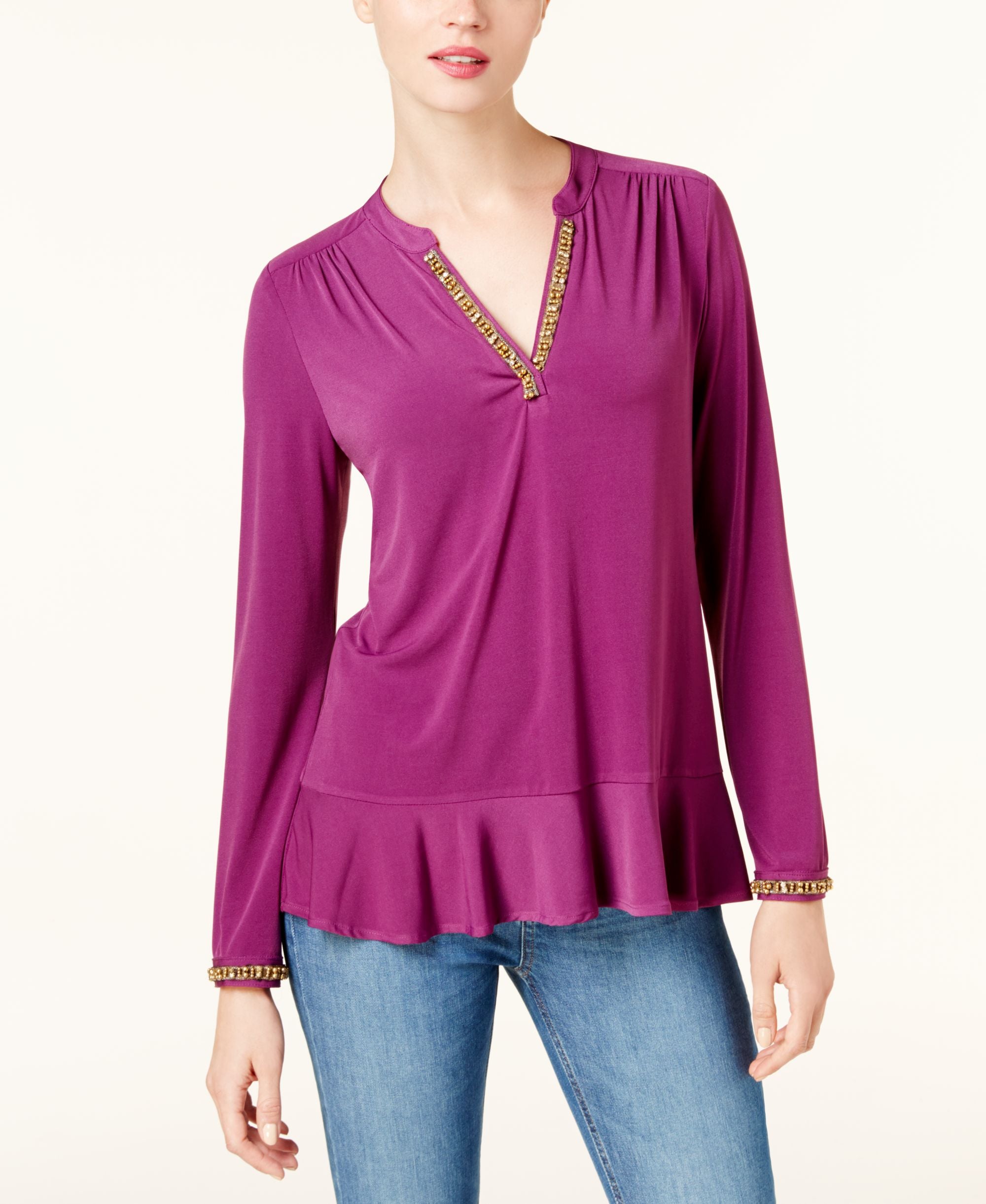 NY Collection Petite Embellished Mandarin Collar Top
