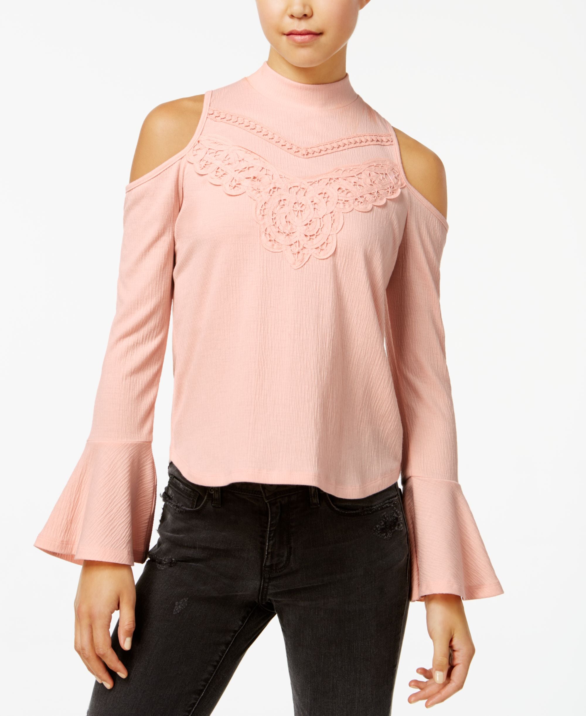 Juniors' Mock-Neck Cold-Shoulder Crepe Top