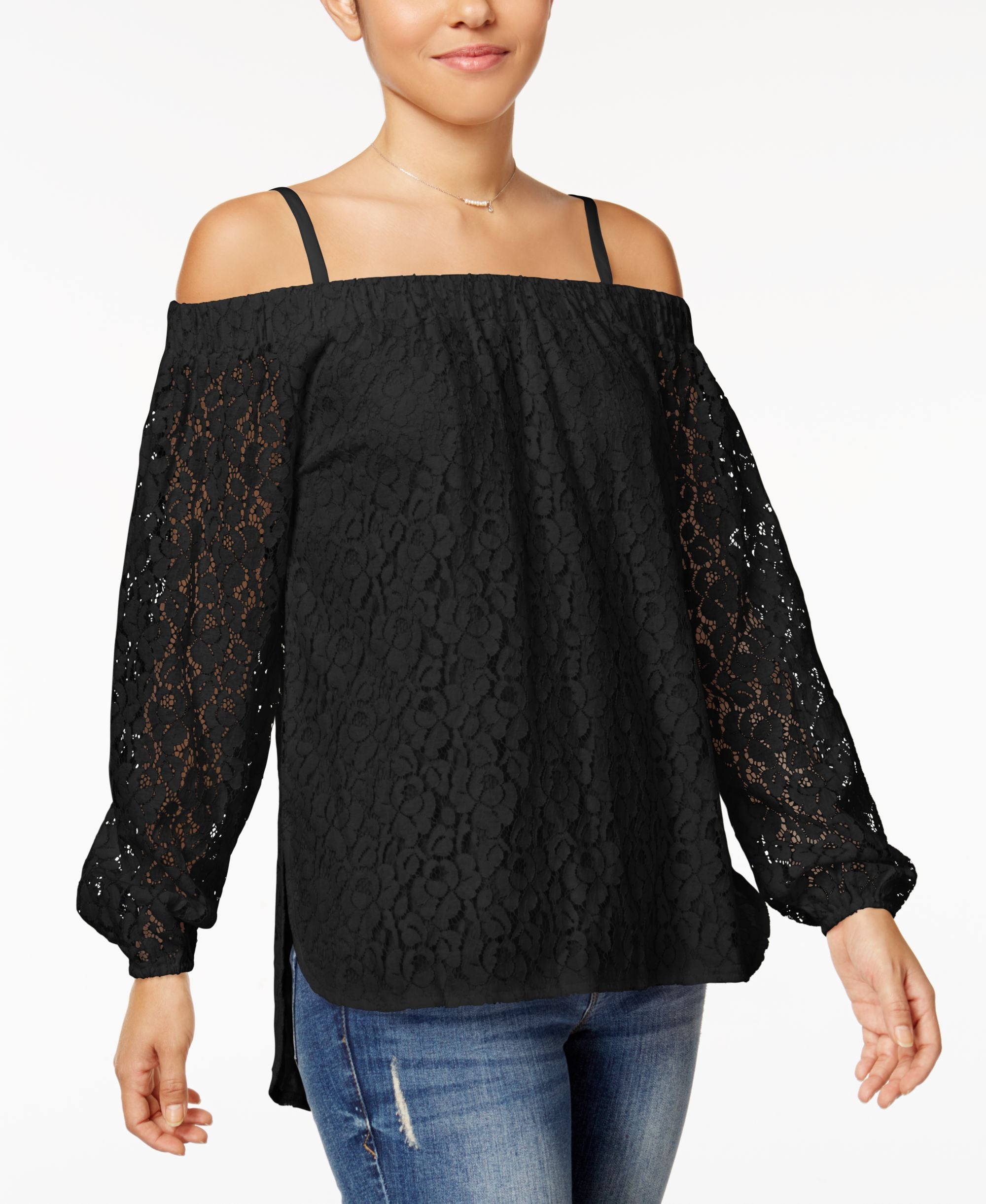 Juniors' Off-The-Shoulder Lace High-Low Top