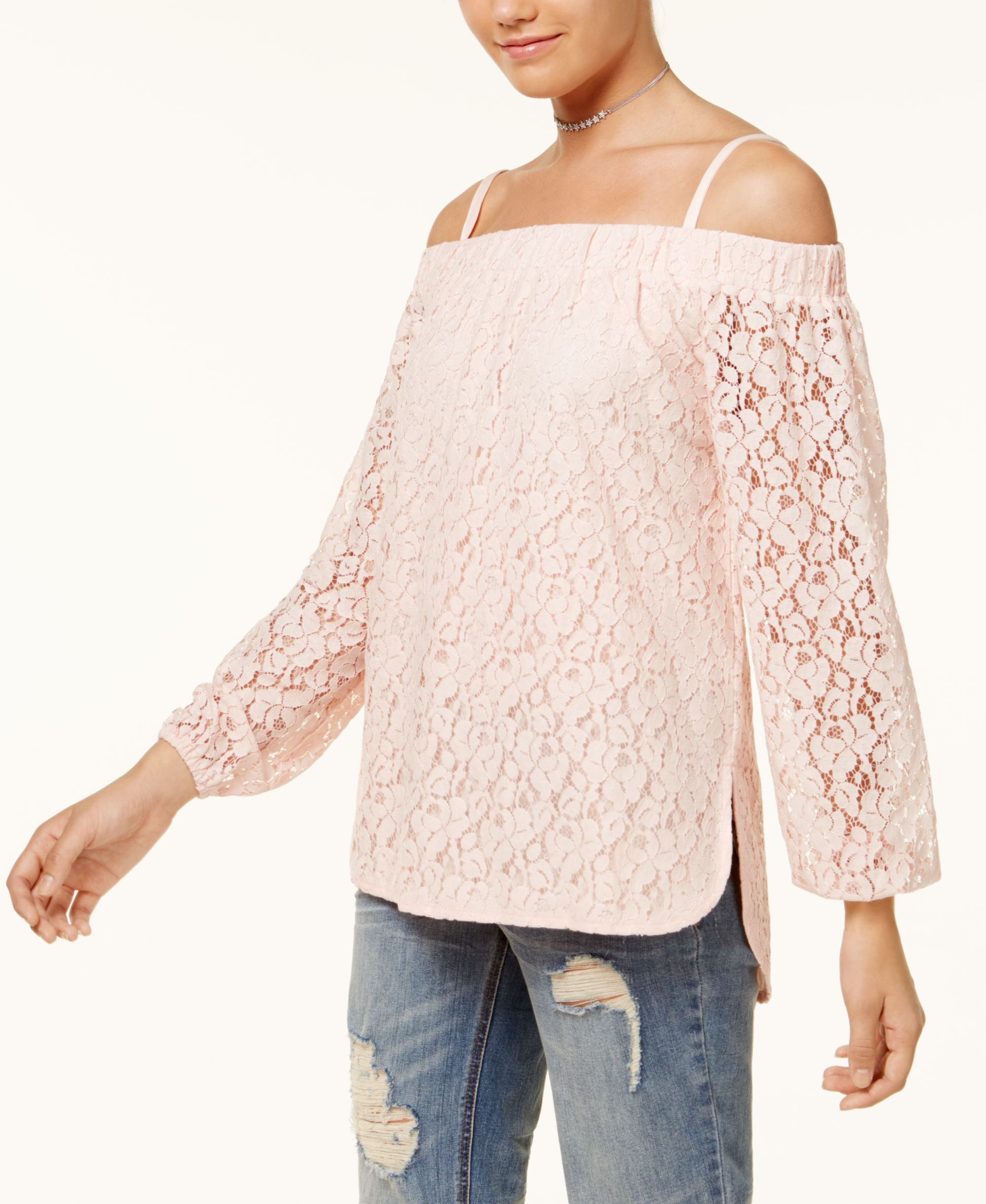 Juniors' Off-The-Shoulder Lace High-Low Top