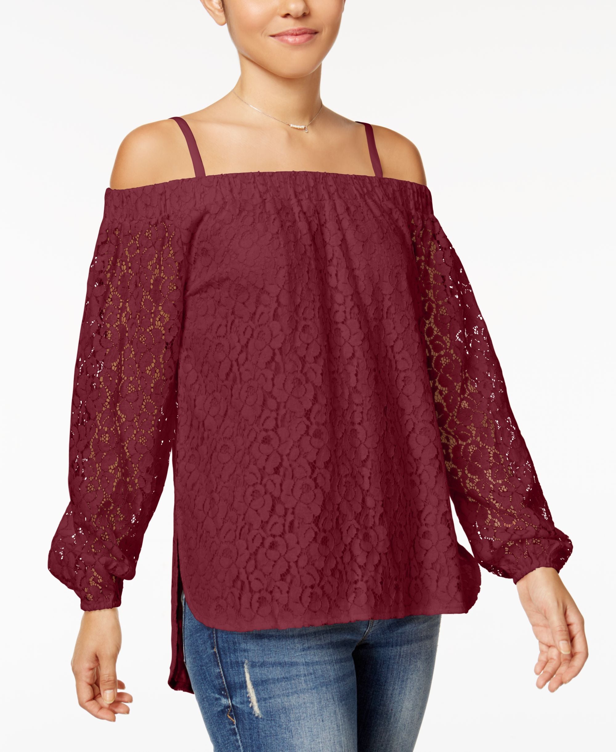 Juniors' Off-The-Shoulder Lace High-Low Top