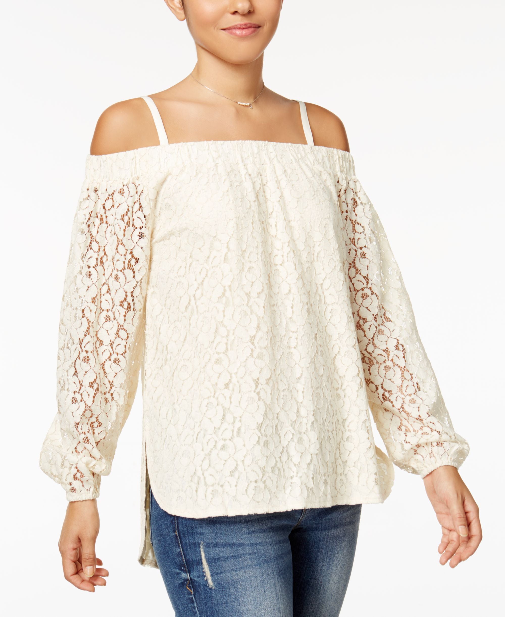 Juniors' Off-The-Shoulder Lace High-Low Top