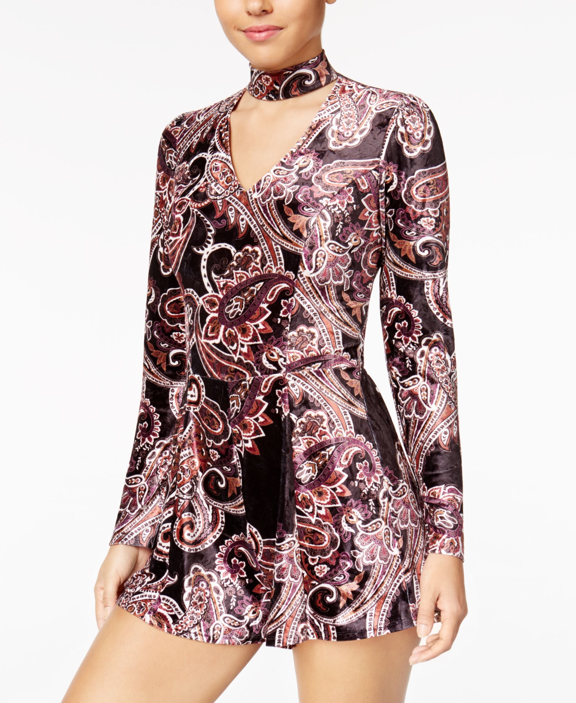 Be Bop Juniors Printed Cotton Velvet Choker Romper