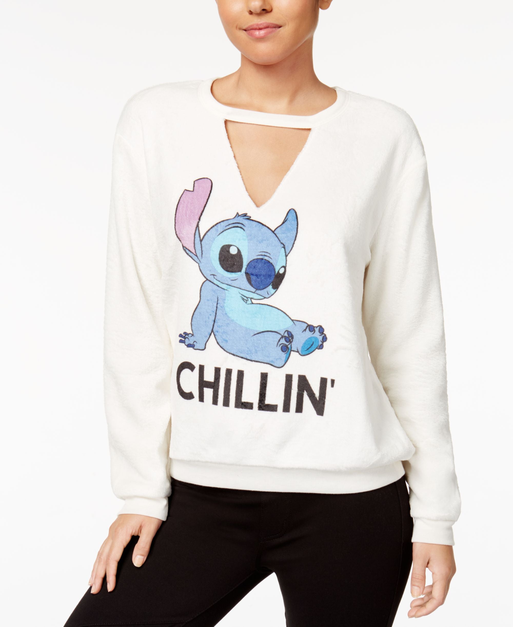 Hybrid Juniors Plush Stitch Graphic Choker Sweatshirt