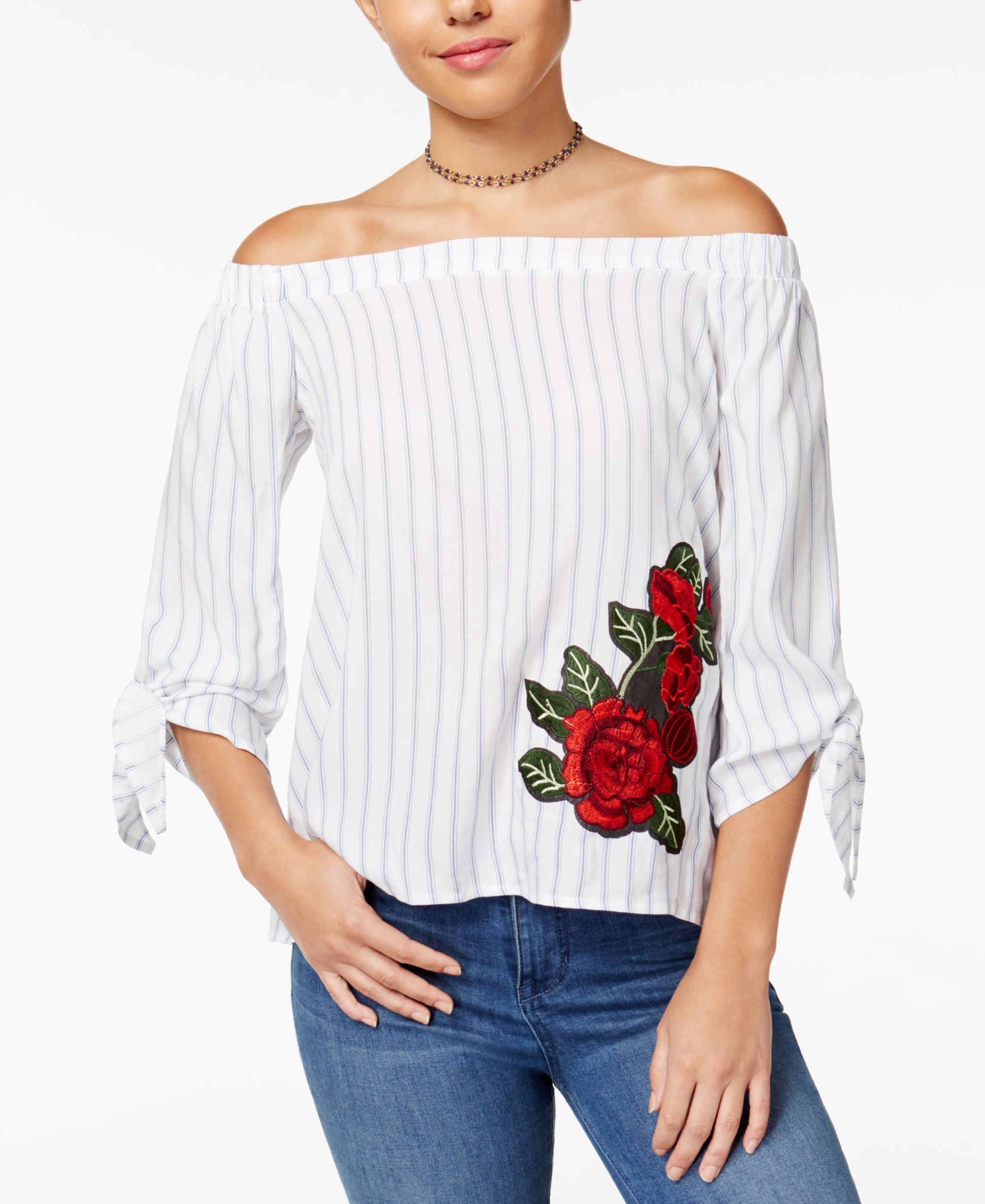 Polly Esther Juniors Cotton Striped Off The Shoulder Top