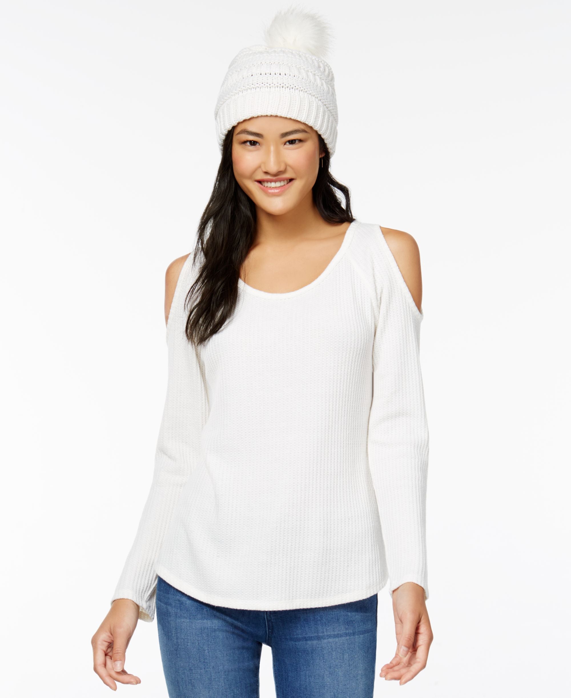 Juniors' Waffle-Knit Cold-Shoulder Top & Faux Fur-Trimmed Beanie