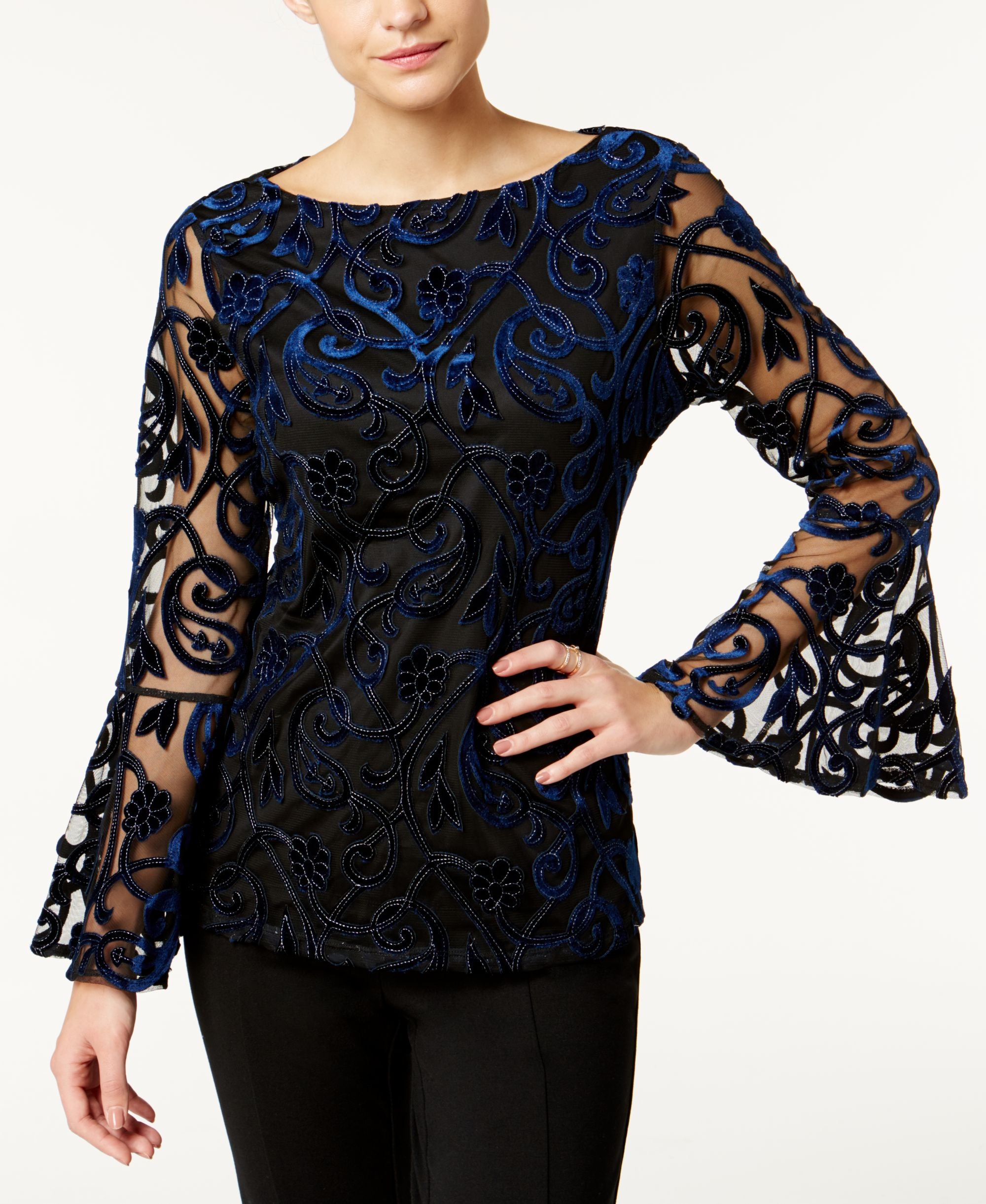 Charter Club Burnout Velvet Bell Sleeve Blouse