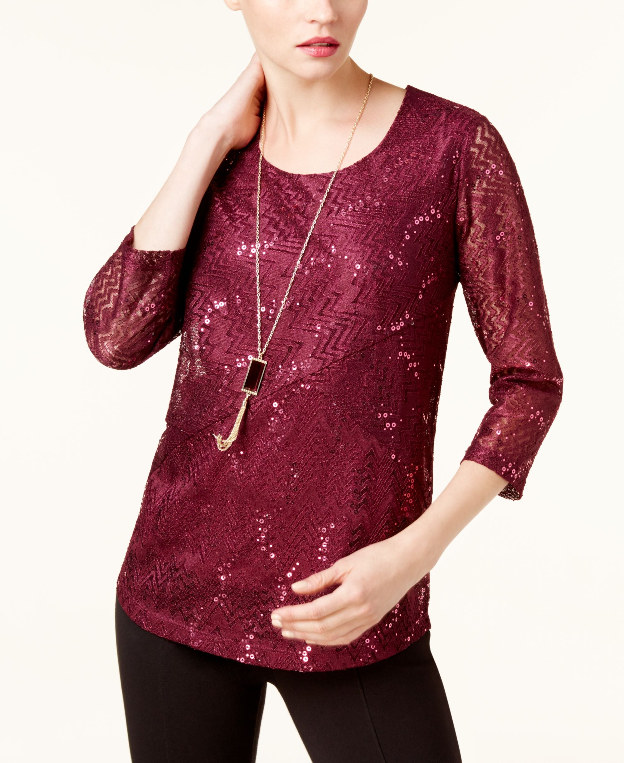 JM Collection Lace Sequined Top