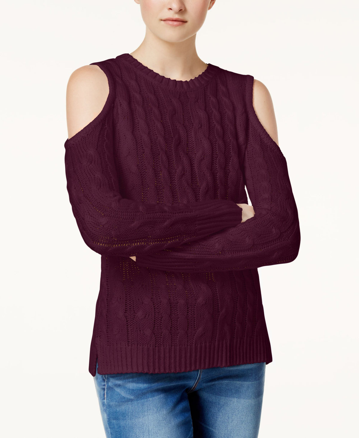 Hippie Rose Juniors Cold Shoulder Cable Knit Sweater