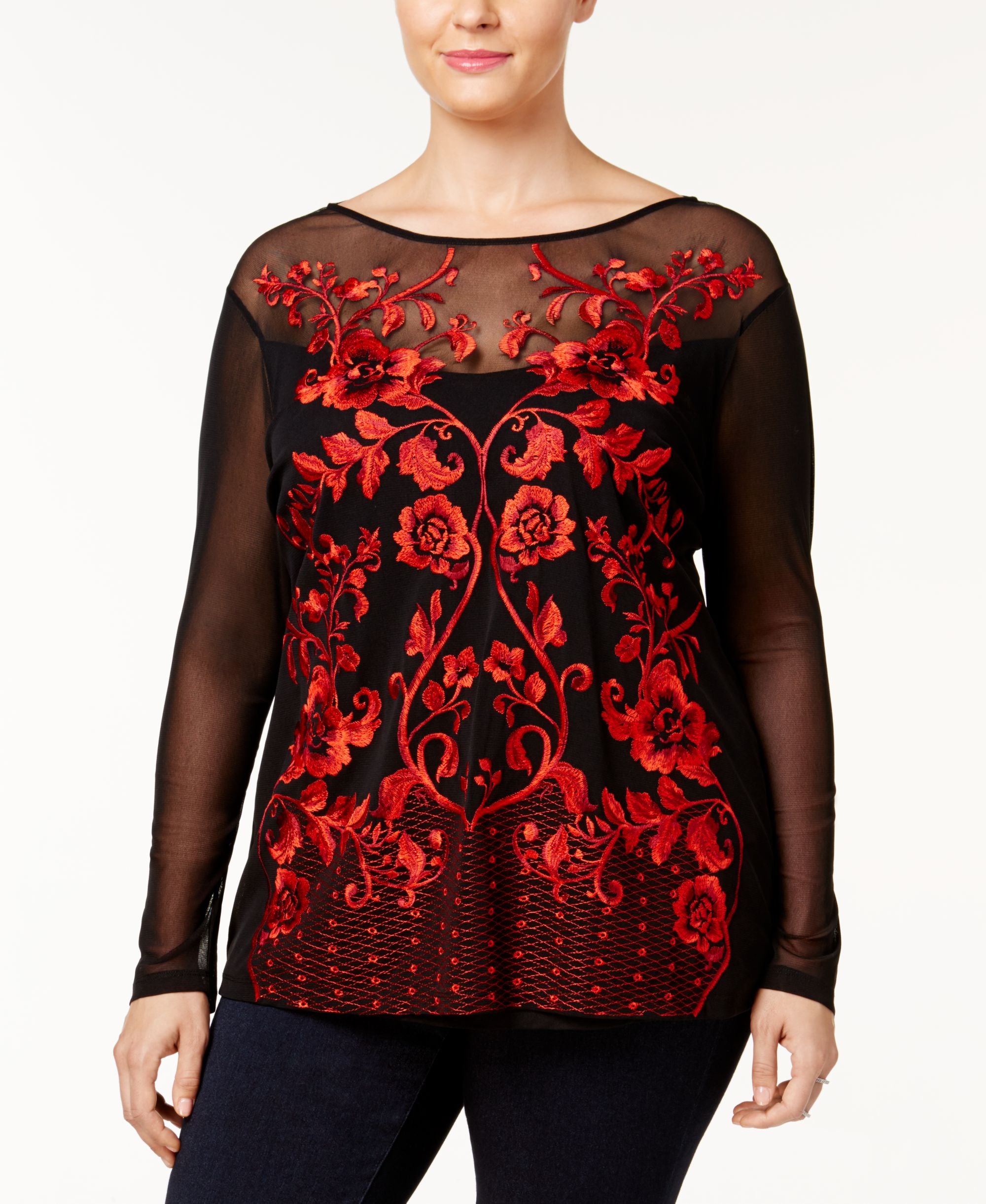 Plus Size Embroidered Mesh Tunic