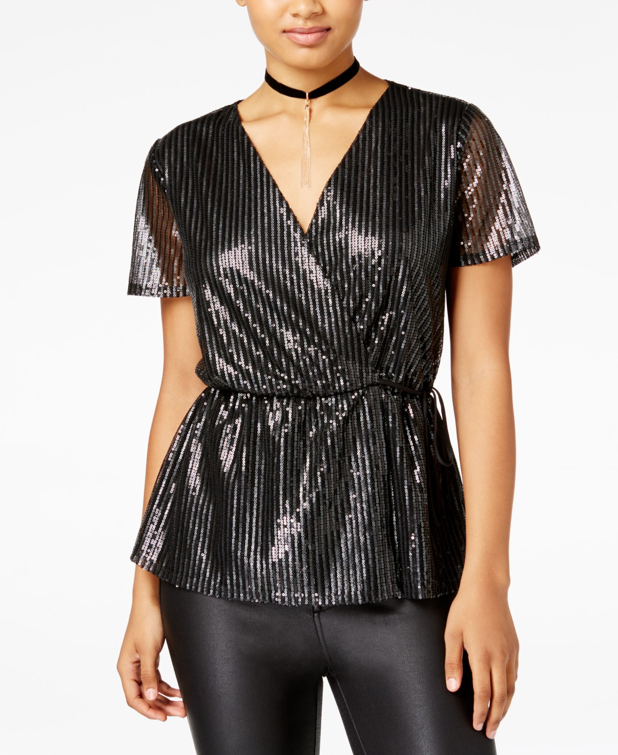 Juniors' Sequined Faux-Wrap Top