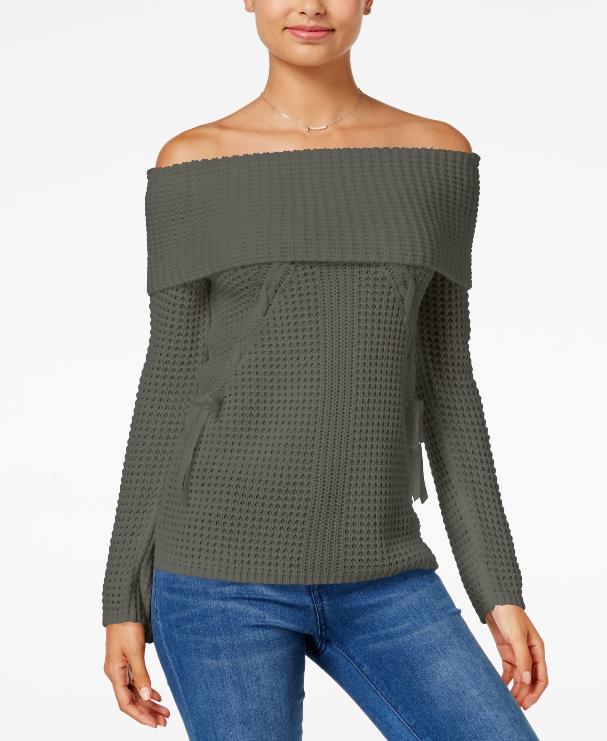 Juniors' Lace-Up Off-The-Shoulder Sweater