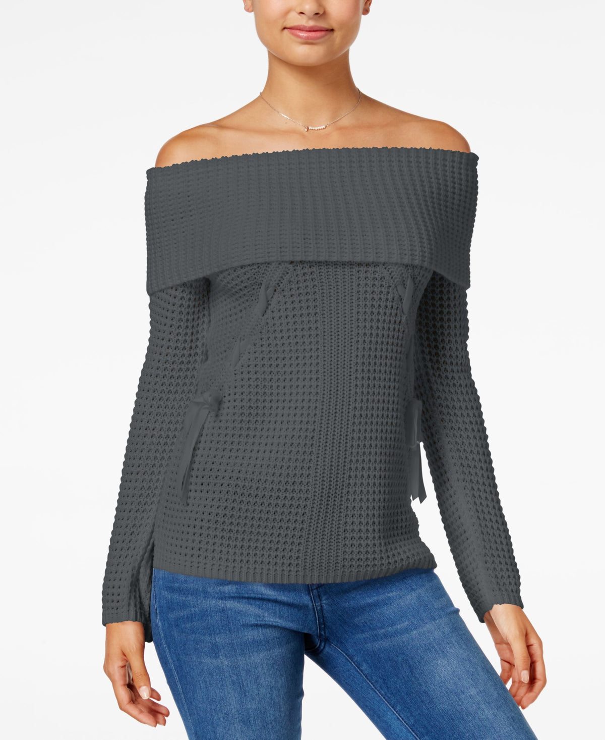 Juniors' Lace-Up Off-The-Shoulder Sweater