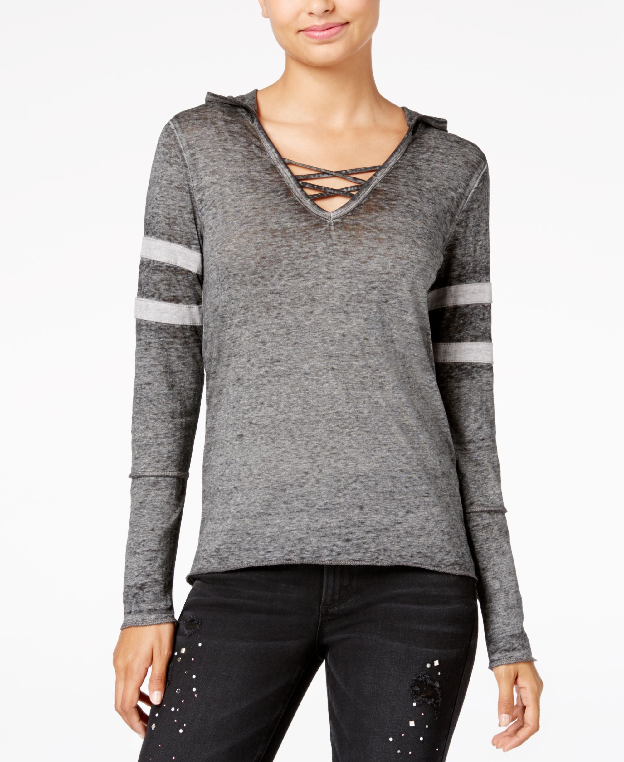 Juniors' Burnout Crisscross-Trim Hoodie