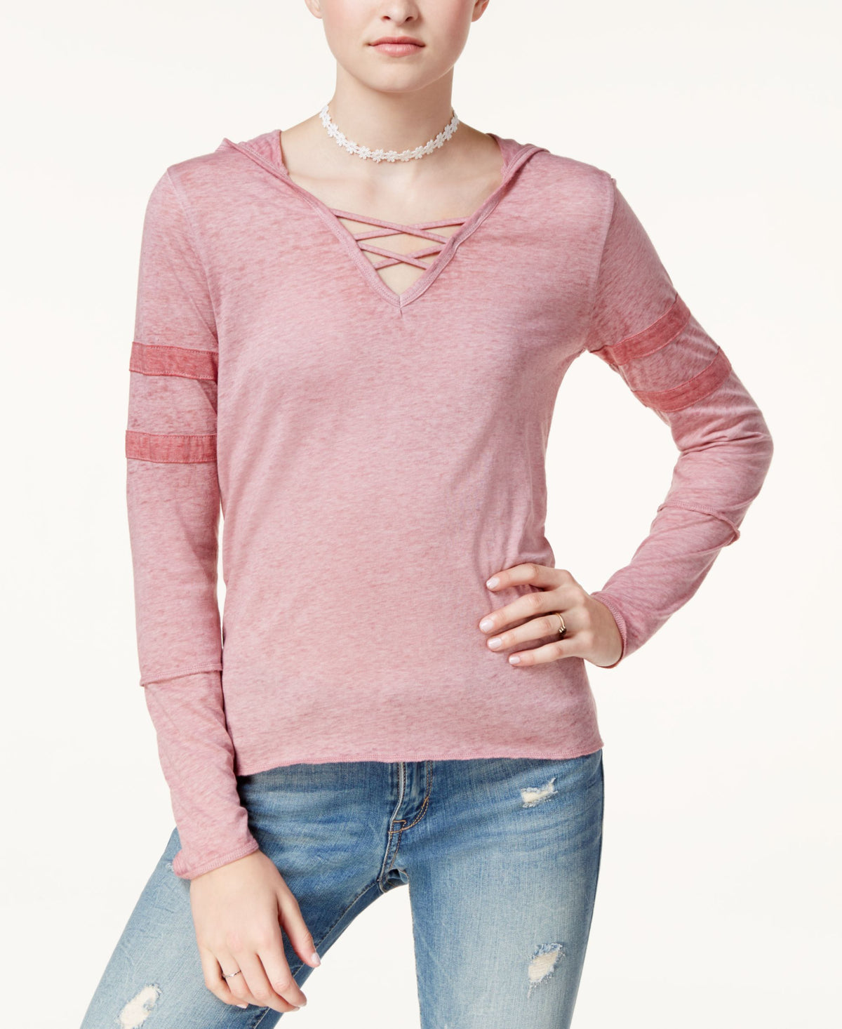 Juniors' Burnout Crisscross-Trim Hoodie
