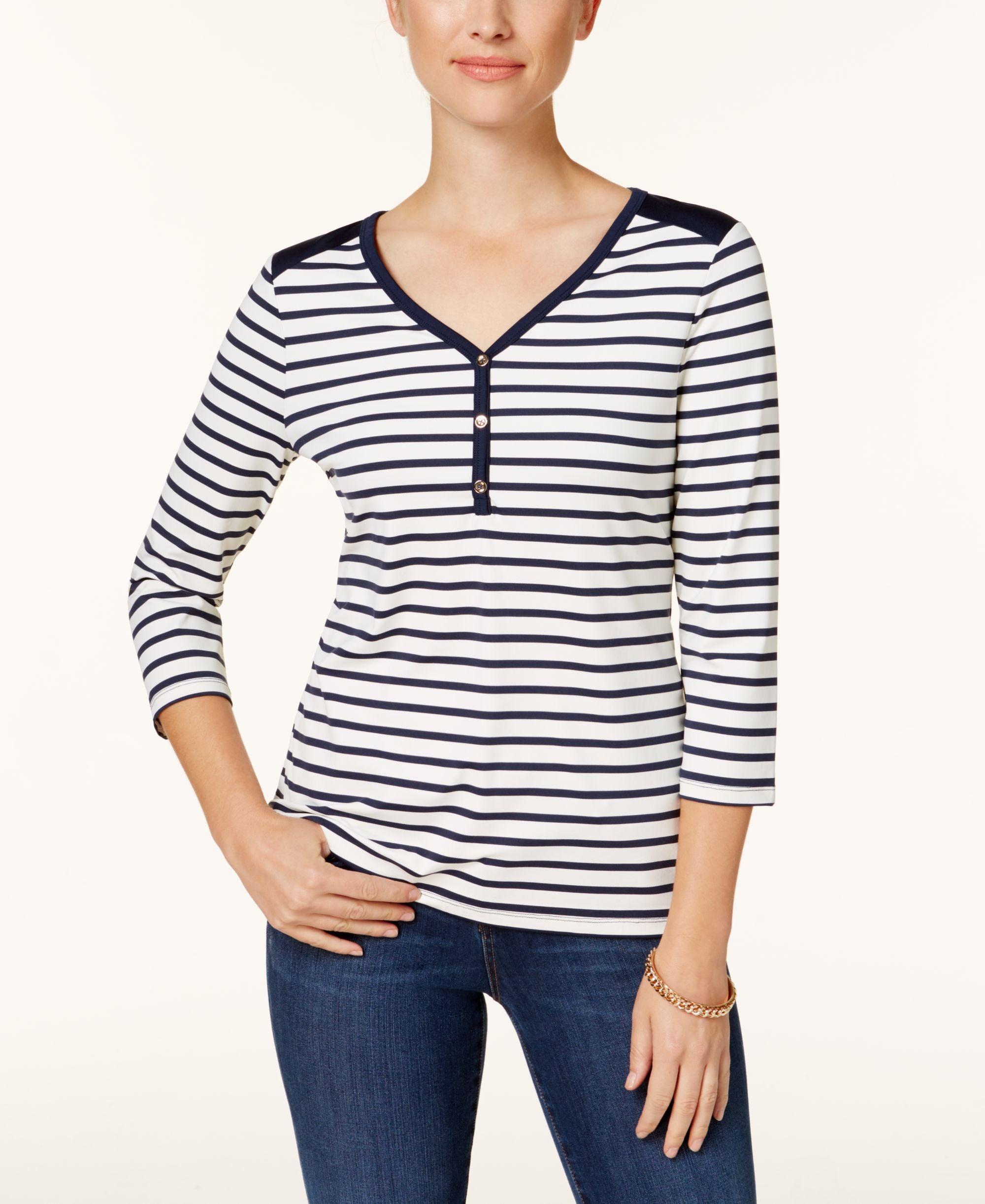 Charter Club Petite Striped 3/4 Sleeve Top