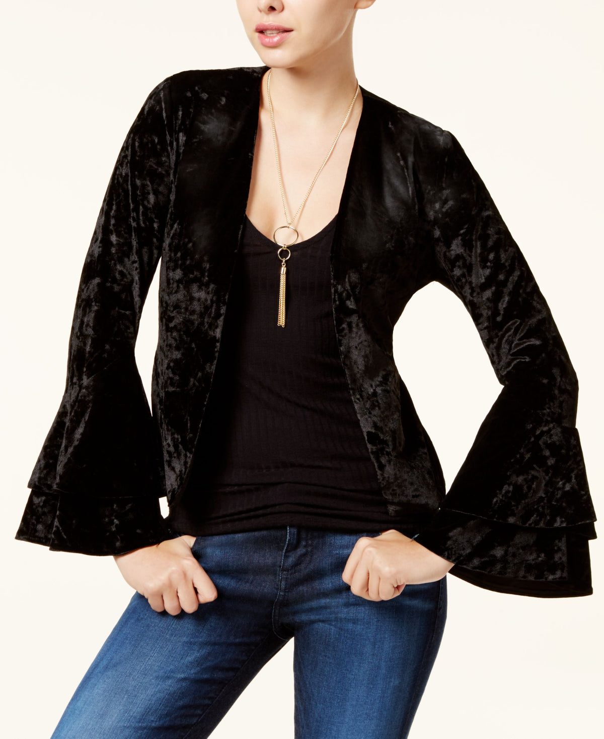 Juniors' Crushed Velvet Tiered Ruffled Blazer