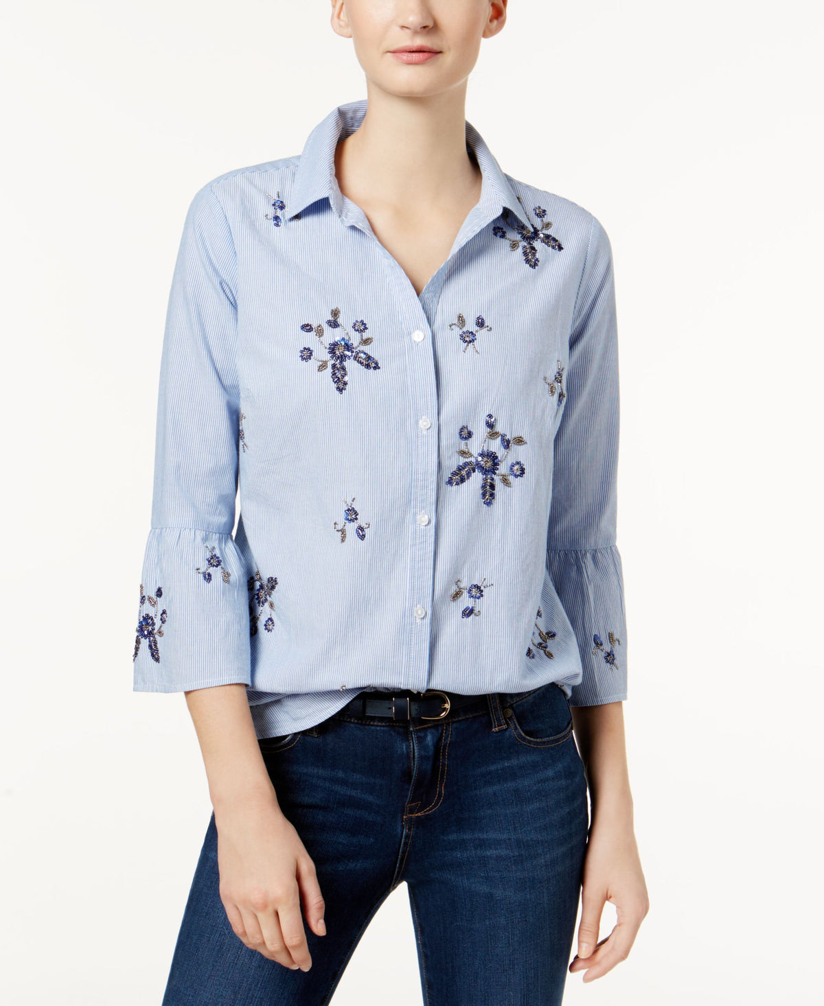 Charter Club Cotton Embellished Bell Sleeve Shirt