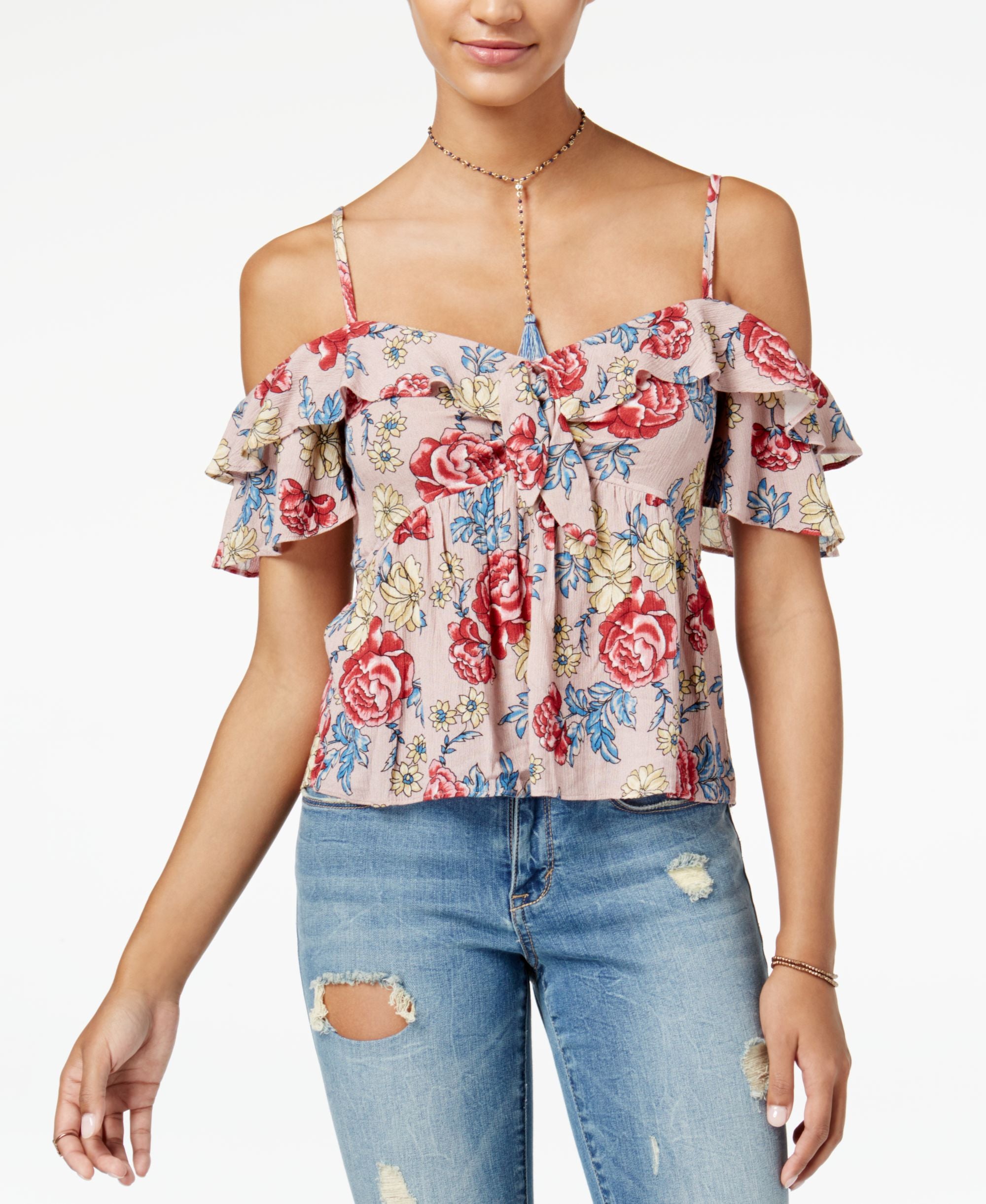 American Rag Juniors Printed Ruffled Off The Shoulder Top