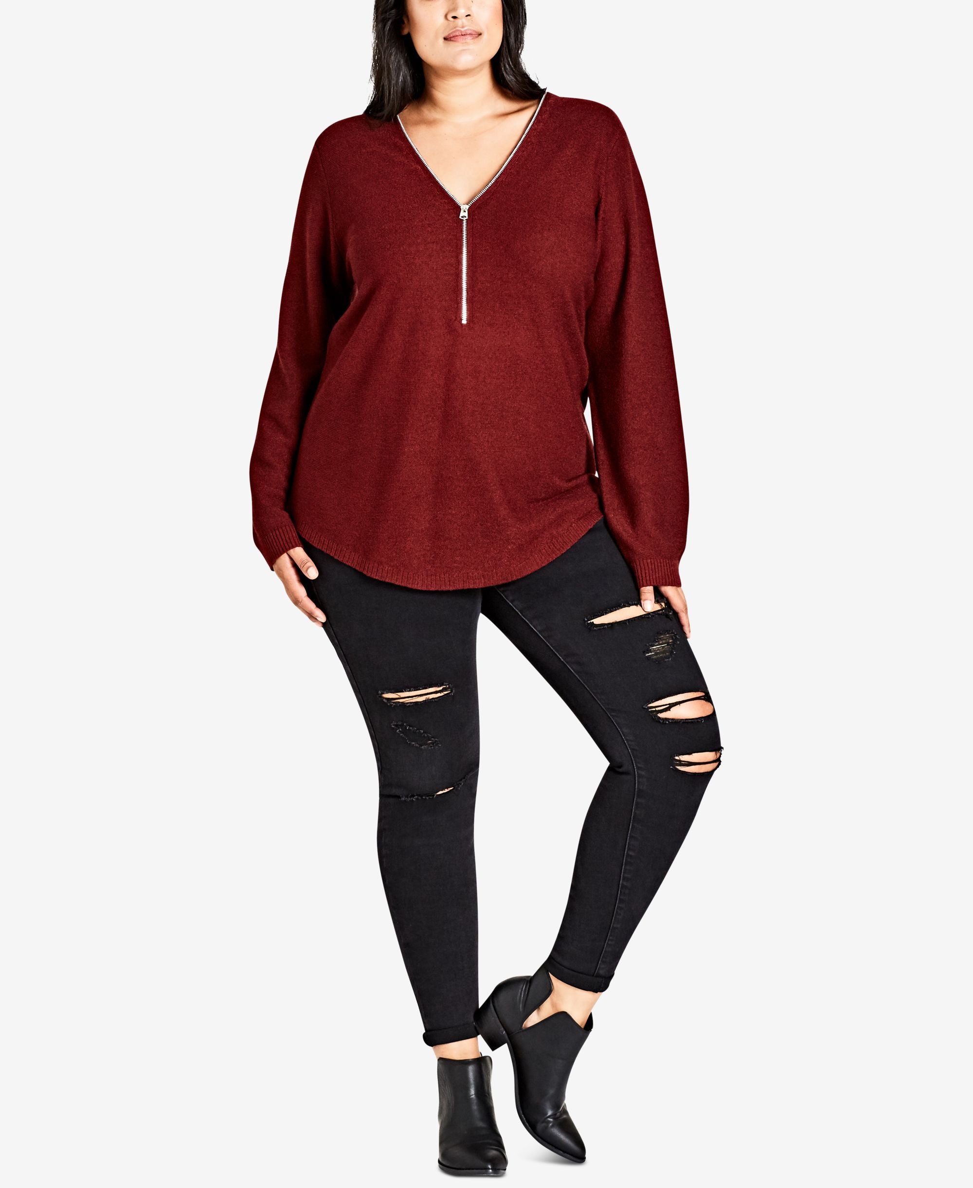 City Chic Trendy Plus Size Zipper Neck High Low Sweater