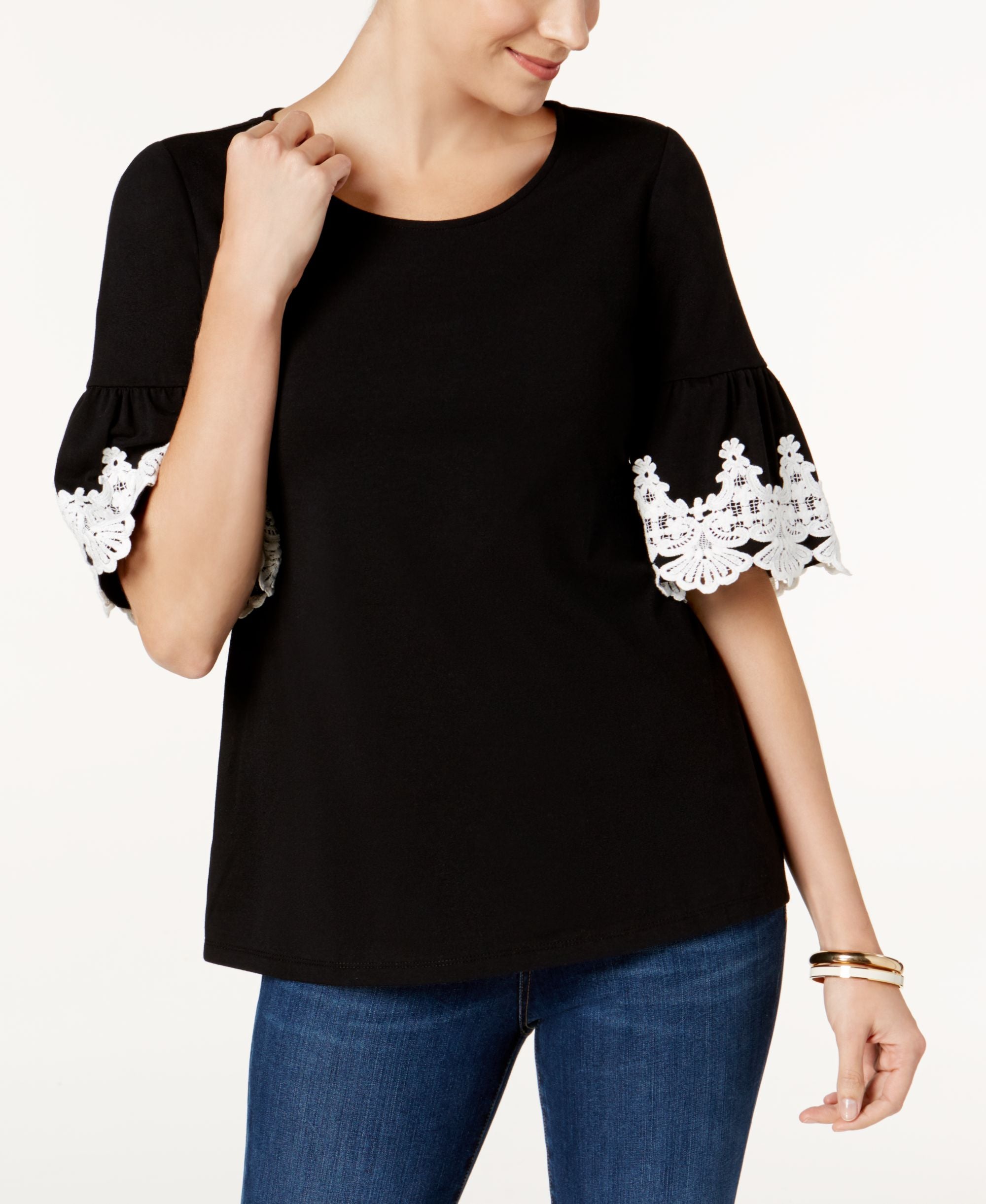 Charter Club Bell Sleeve Crochet Detail Top