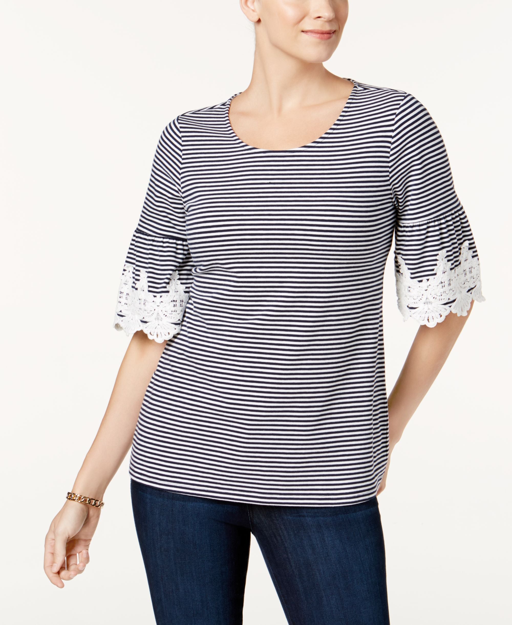 Charter Club Striped Crochet Detail Top