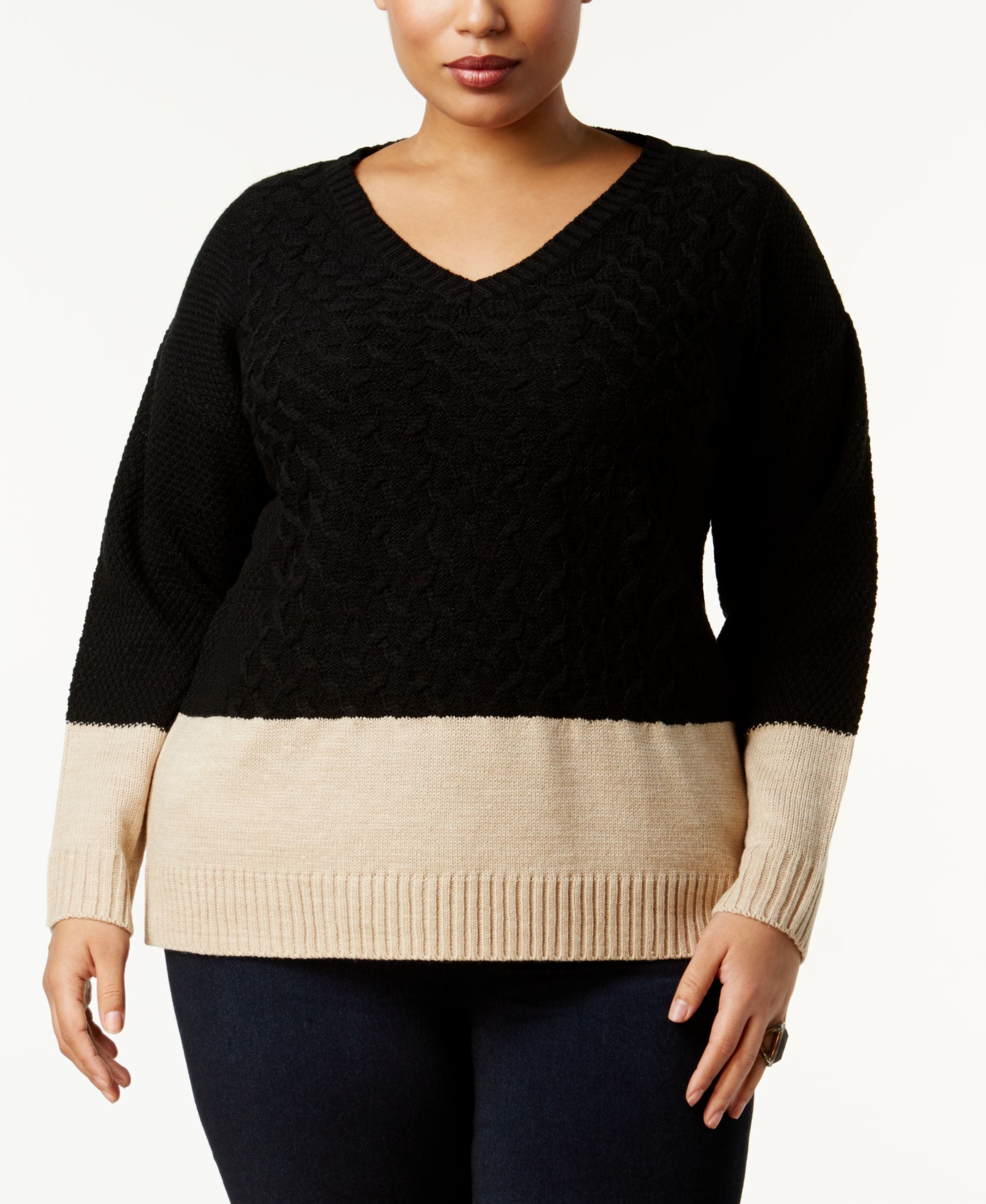 NY Collection Plus Size Colorblocked V Neck Sweater