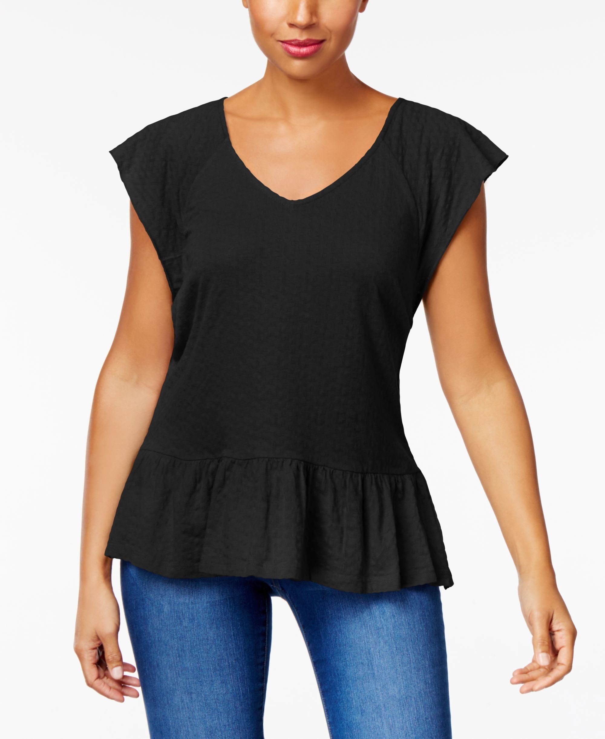 V-Neck Cotton Jacquard Peplum Top