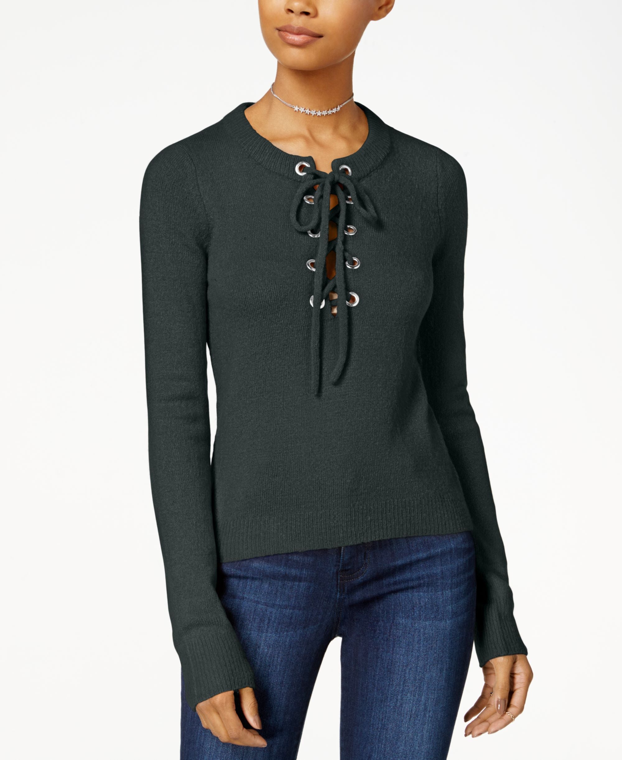 Juniors' Lace-Up Grommet Sweater