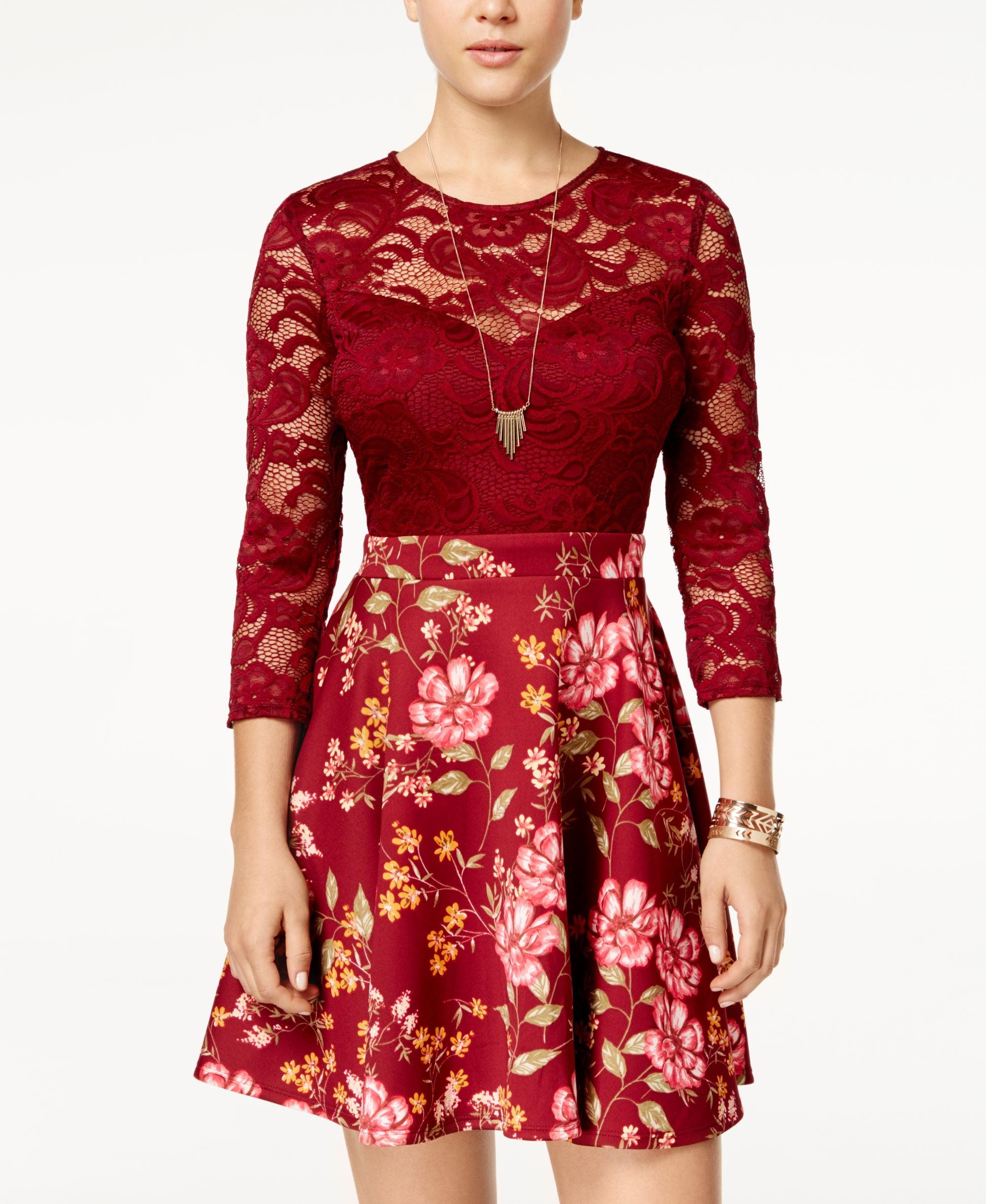 B Darlin Juniors Lace Floral Print Scuba Fit Flare Dress