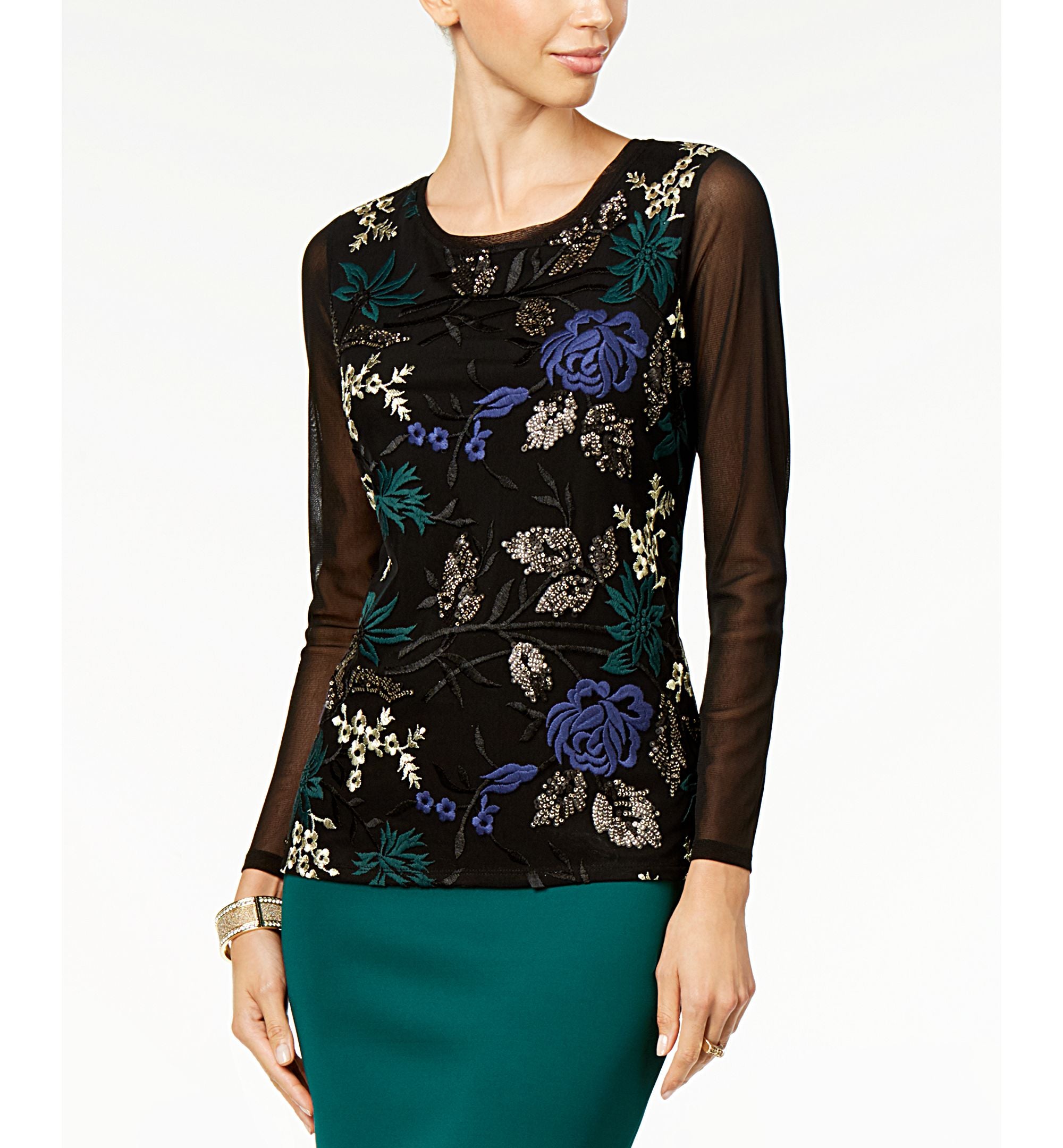 Thalia Sodi Embroidered Mesh Illusion Top