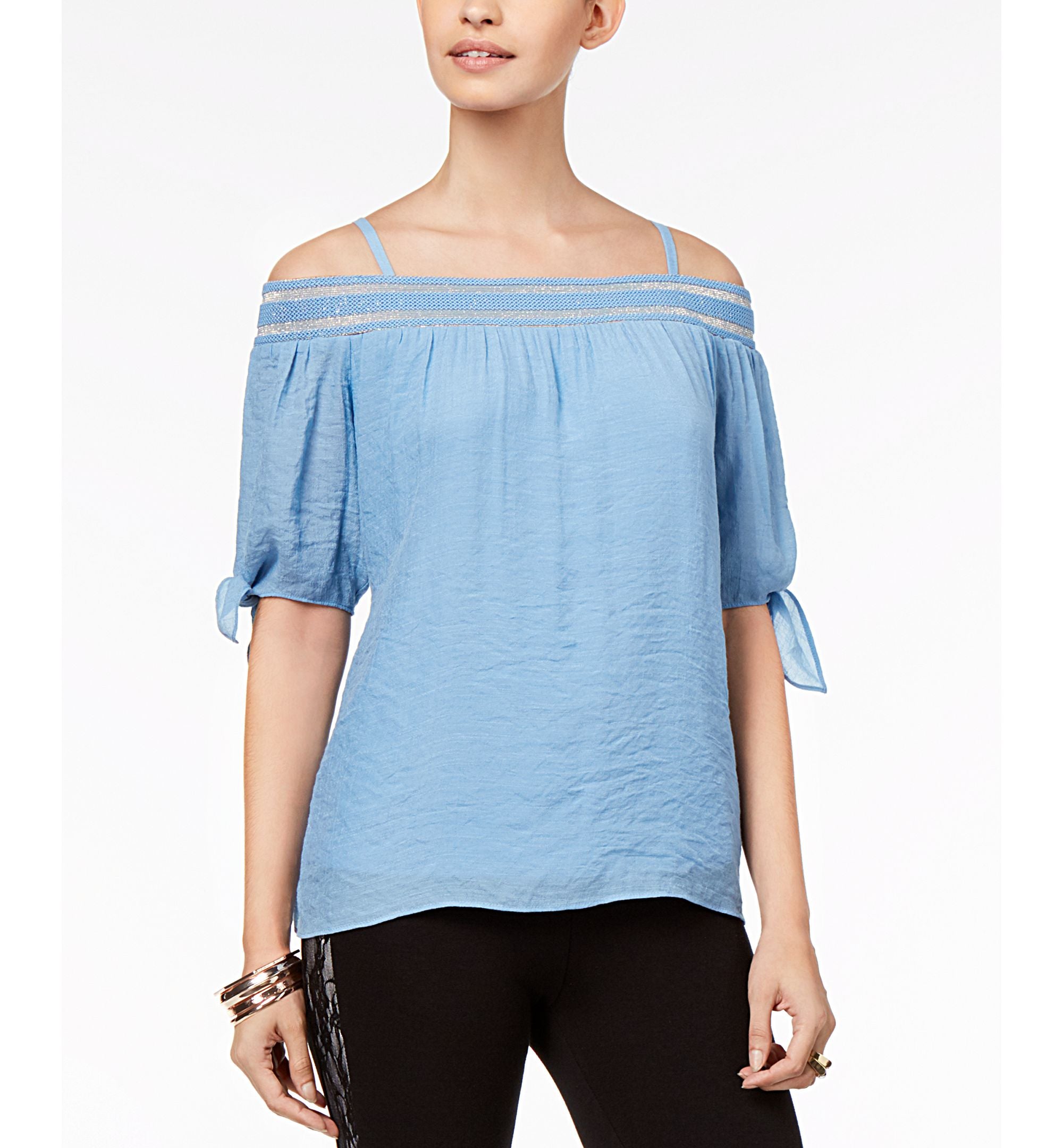 Thalia Sodi Tie Sleeve Off The Shoulder Gauze Top