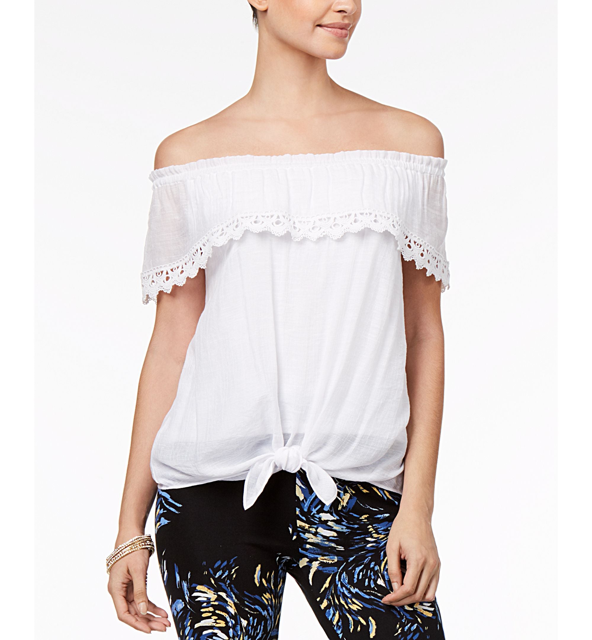 Thalia Sodi Off The Shoulder Tie Hem Gauze Top