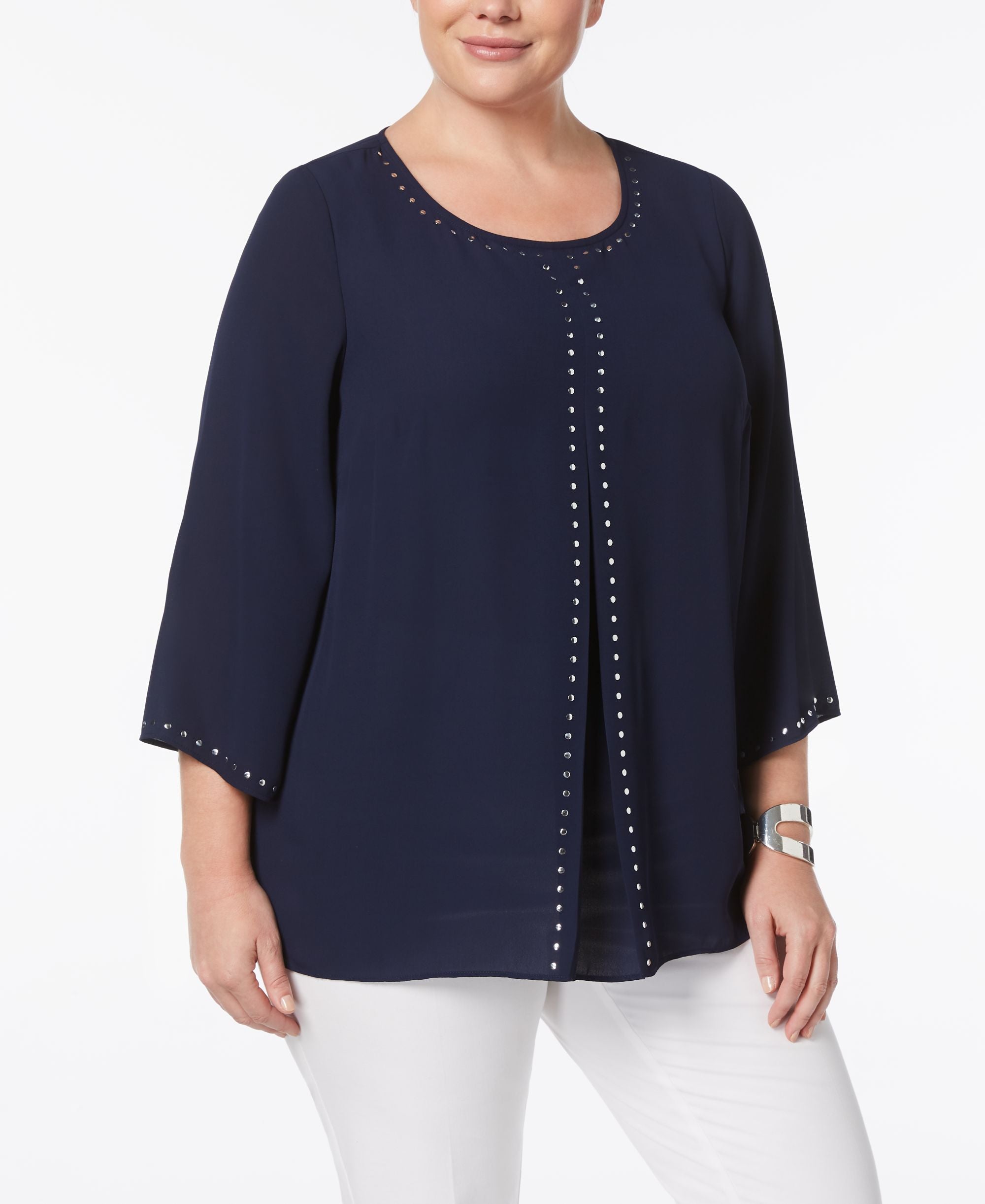 JM Collection Plus Size Studded Pleat Front Blouse
