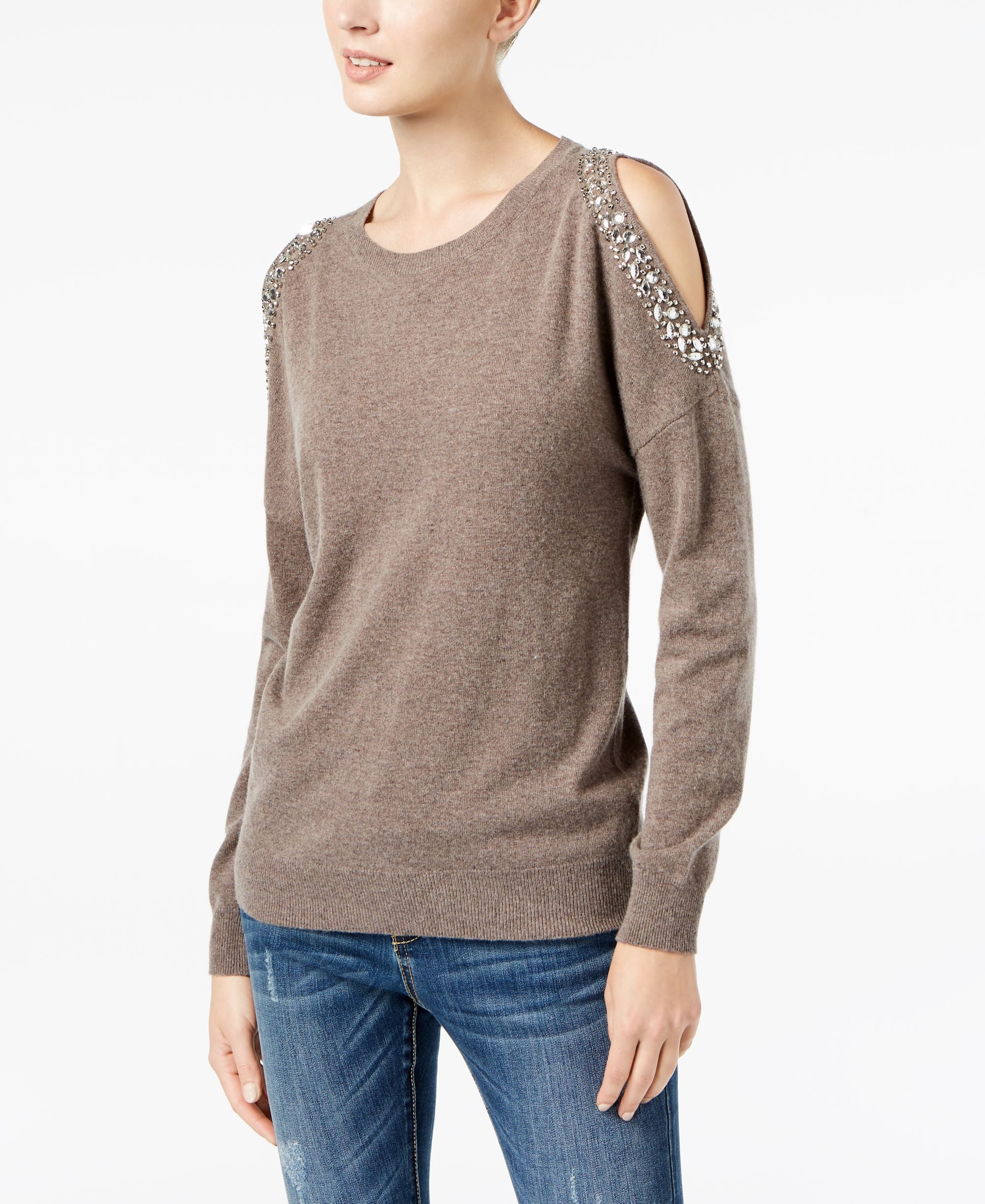 Embellished Cold Shoulder Sweater