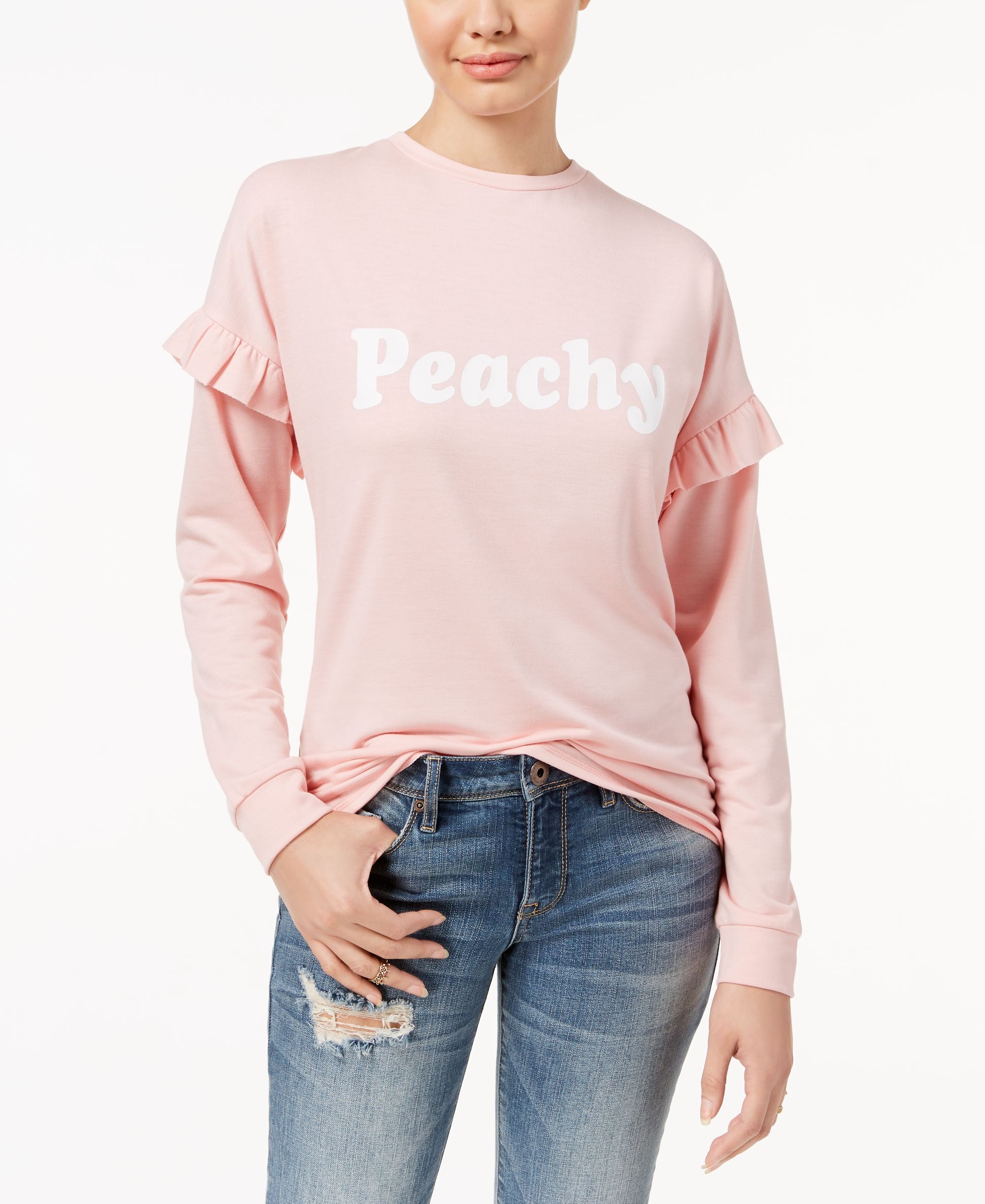 Juniors' Peachy Graphic Ruffled Top