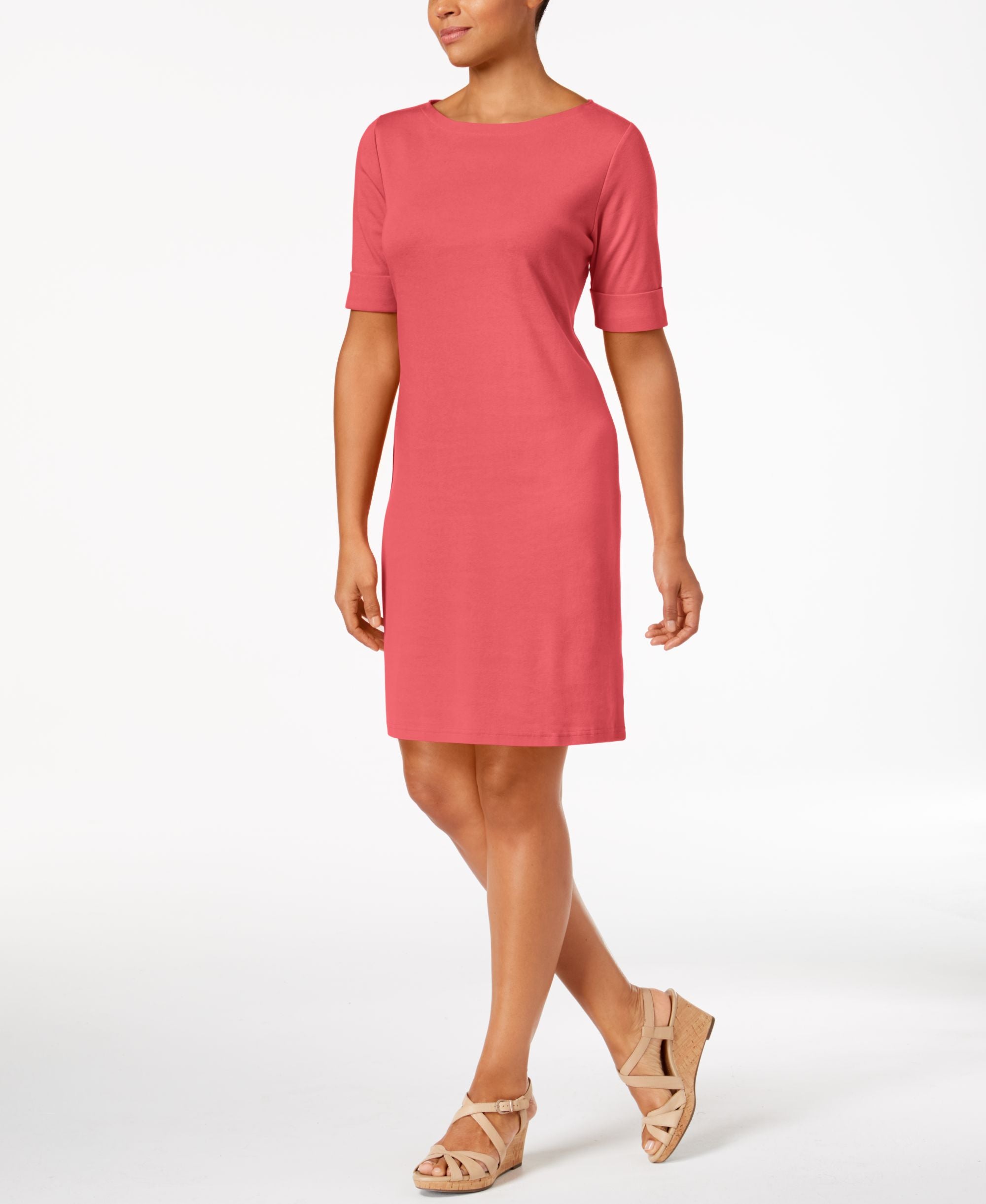 Karen Scott Petite Cotton Boat Neck Shift Dress