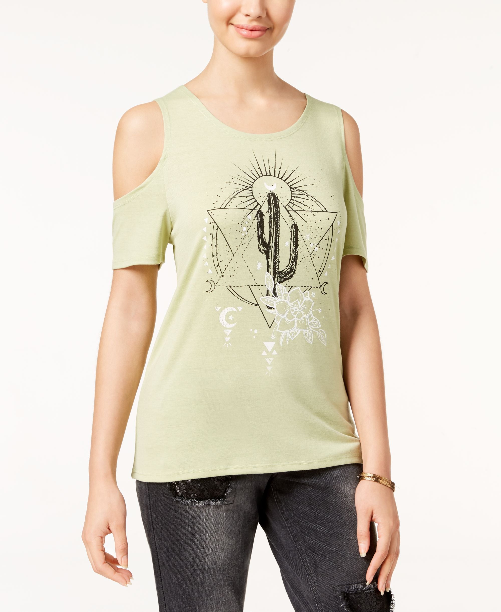 Rebellious One Juniors Cold Shoulder Graphic T-Shirt