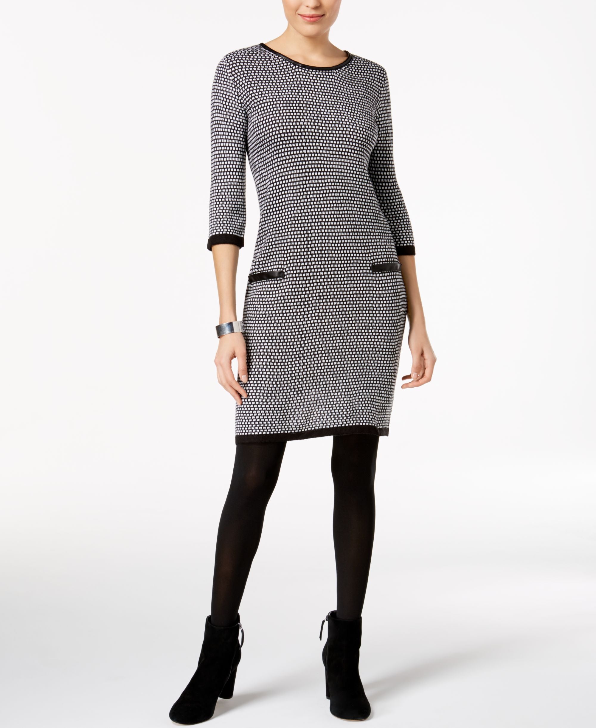 NY Collection Petite Faux Leather Trim Sweater Dress