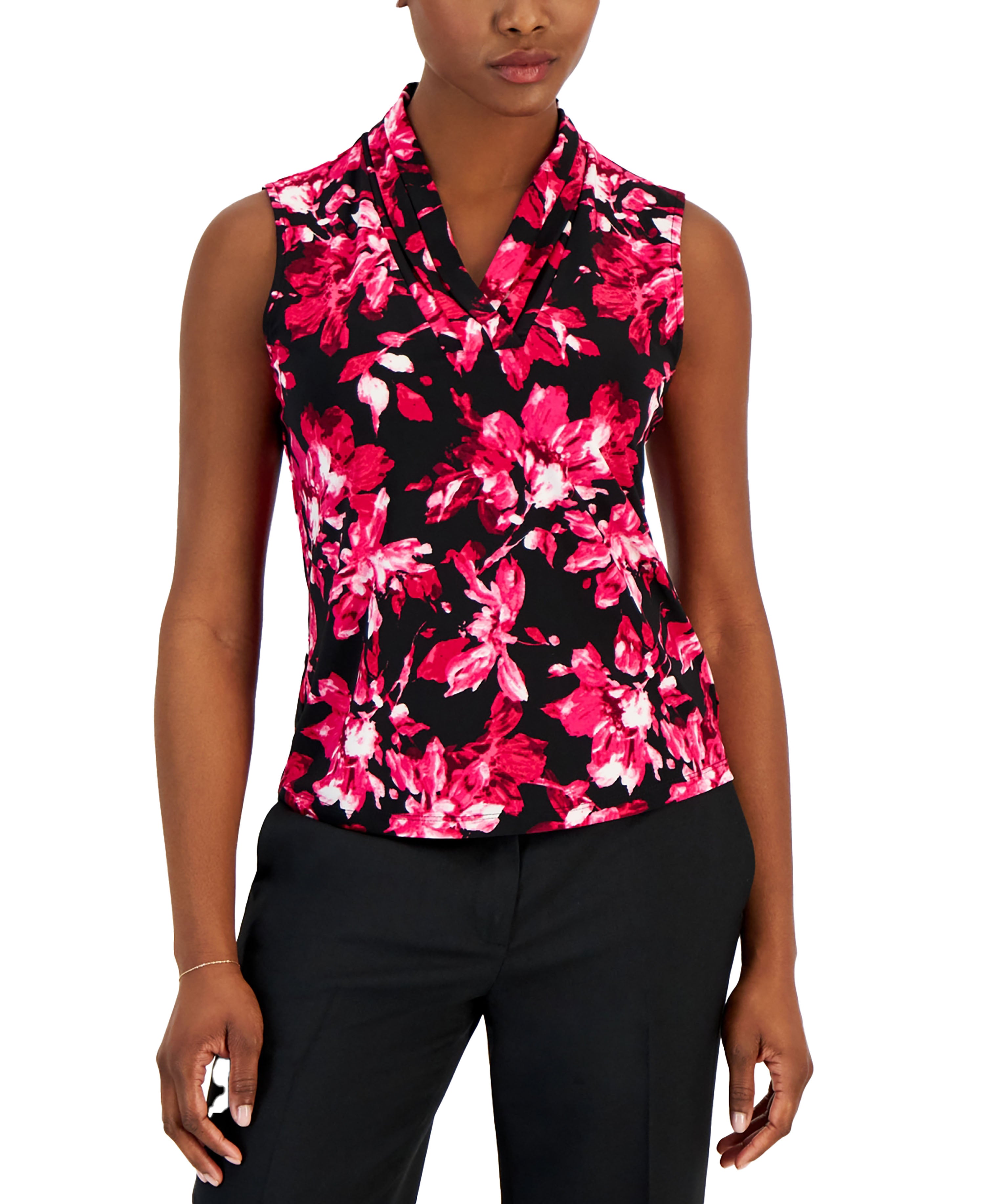 Petite Printed Triple-Pleat-Neck Sleeveless Top