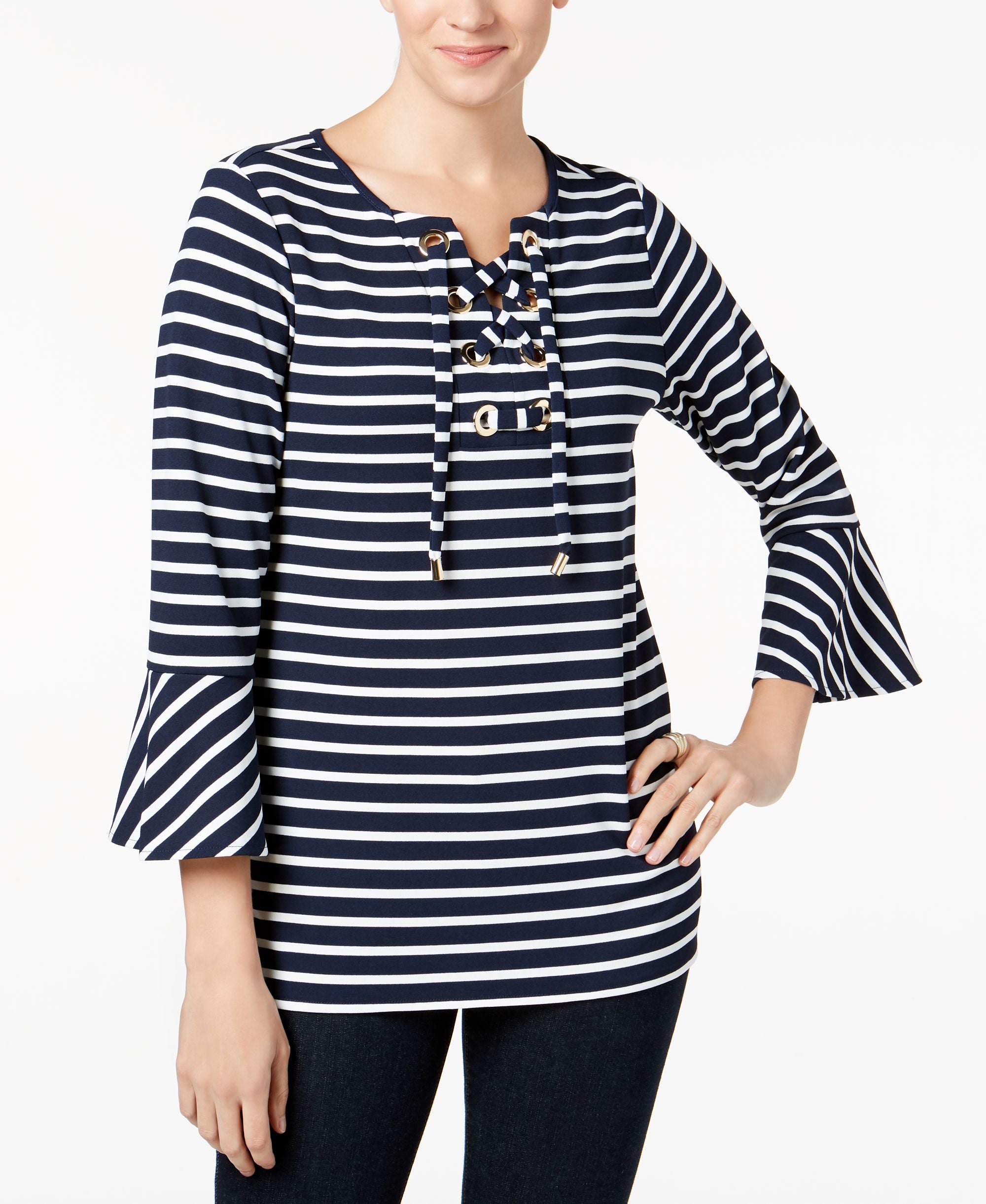 Charter Club Striped Bell Sleeve Lace Up Top