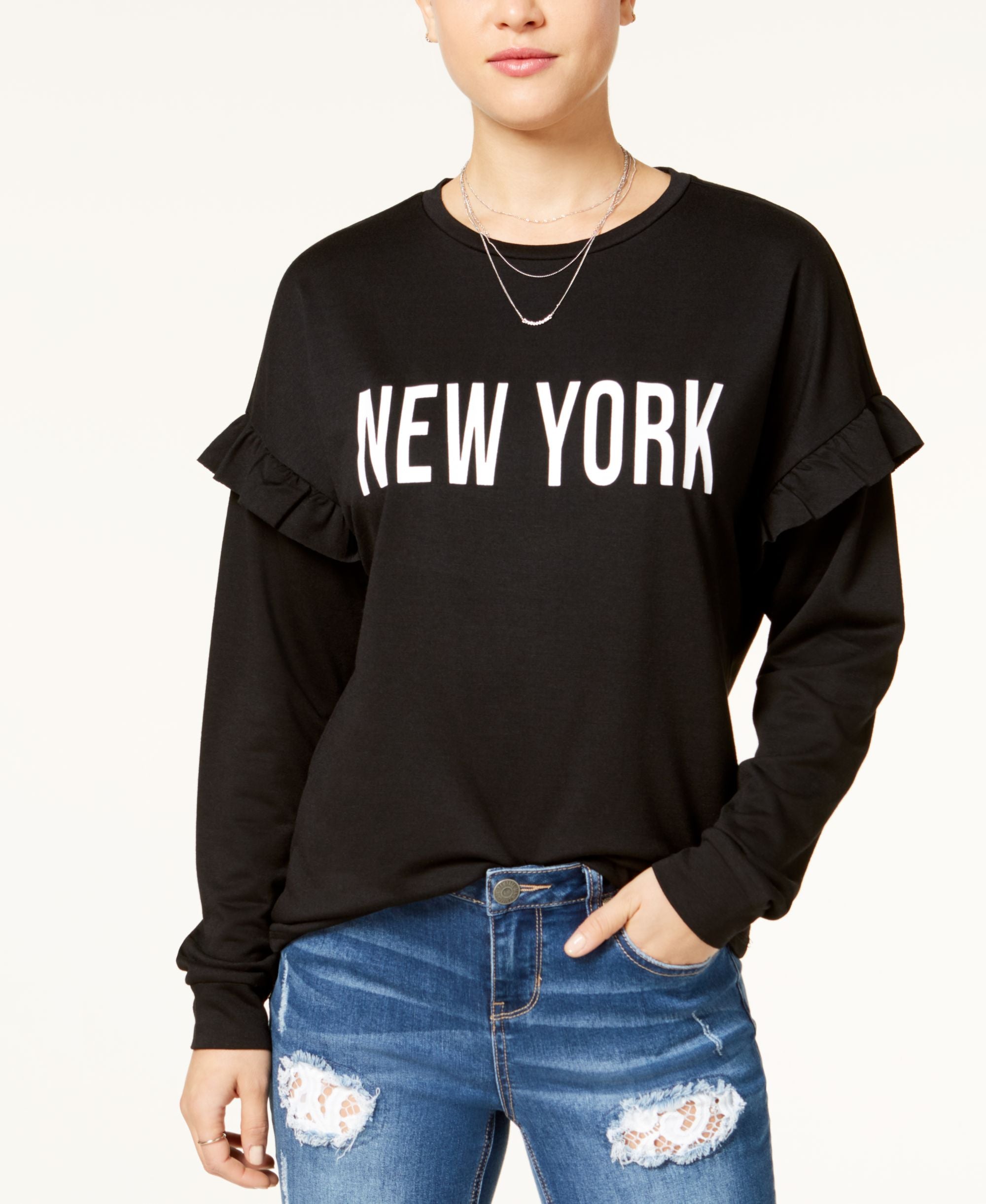 Pretty Rebellious Juniors Ruffled New York Graphic Sweatshirt