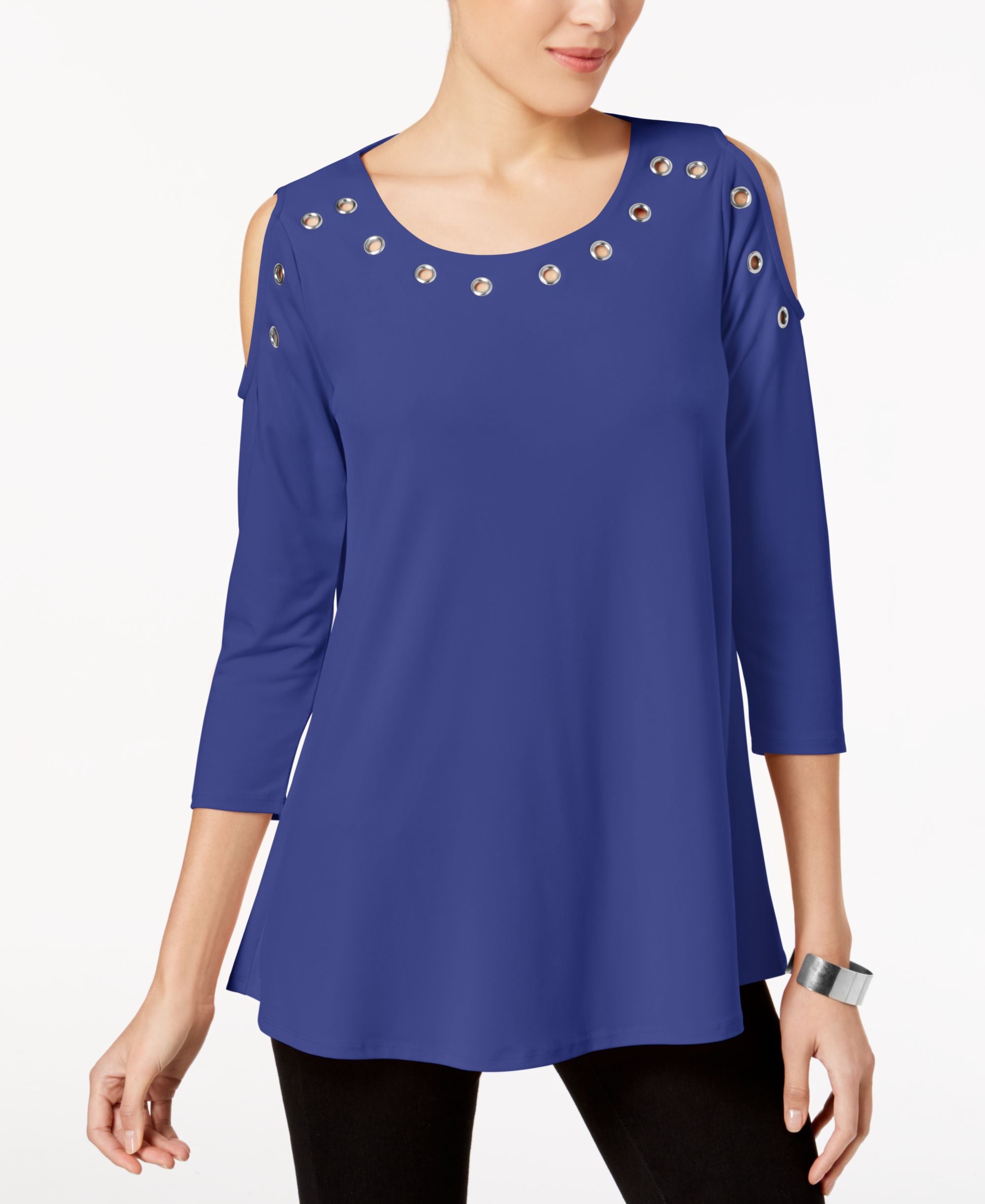 JM Collection Petite Grommet Cold Shoulder Top
