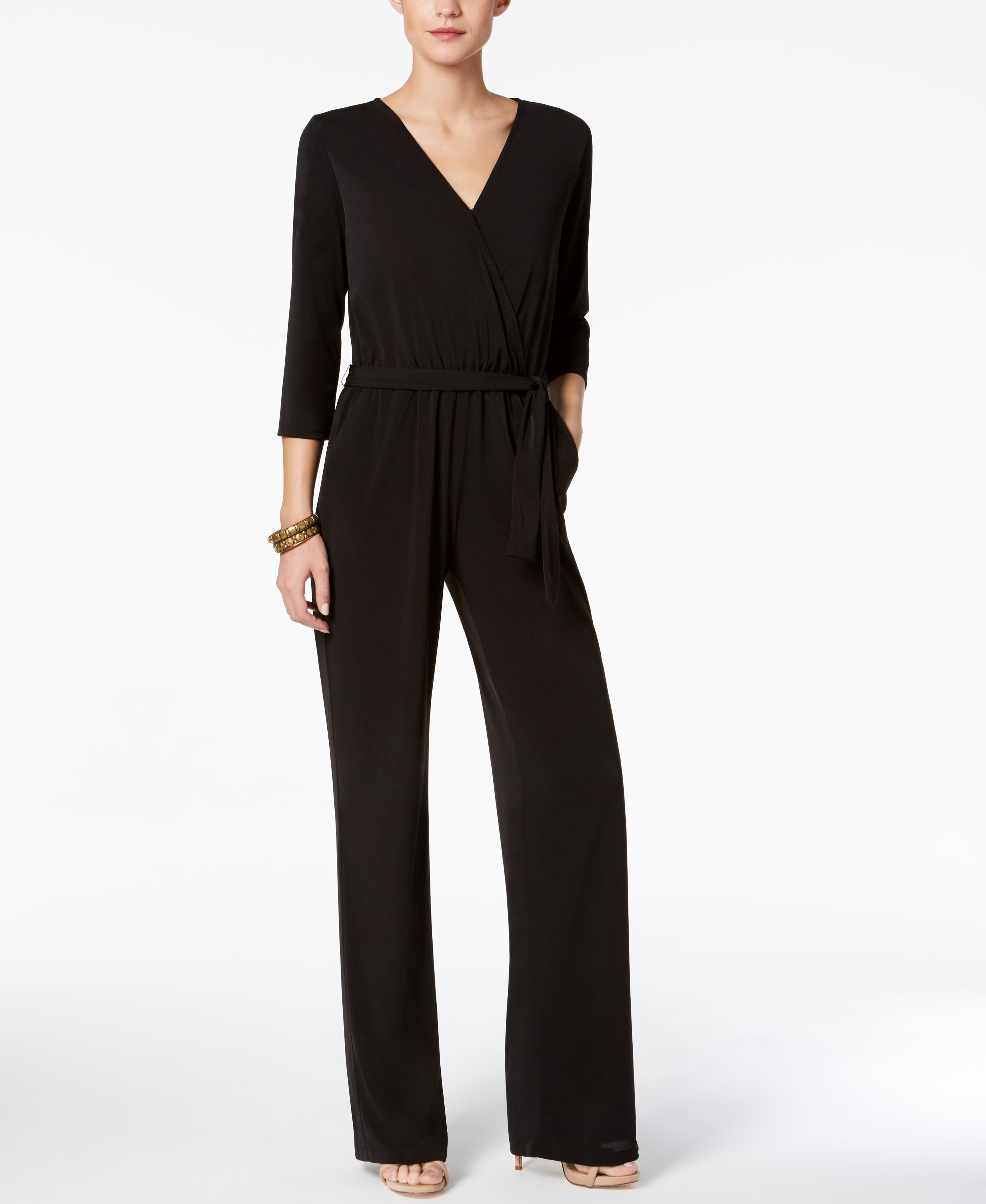 Petite 3/4 Sleeve Belted Wide Leg Jumpsuit